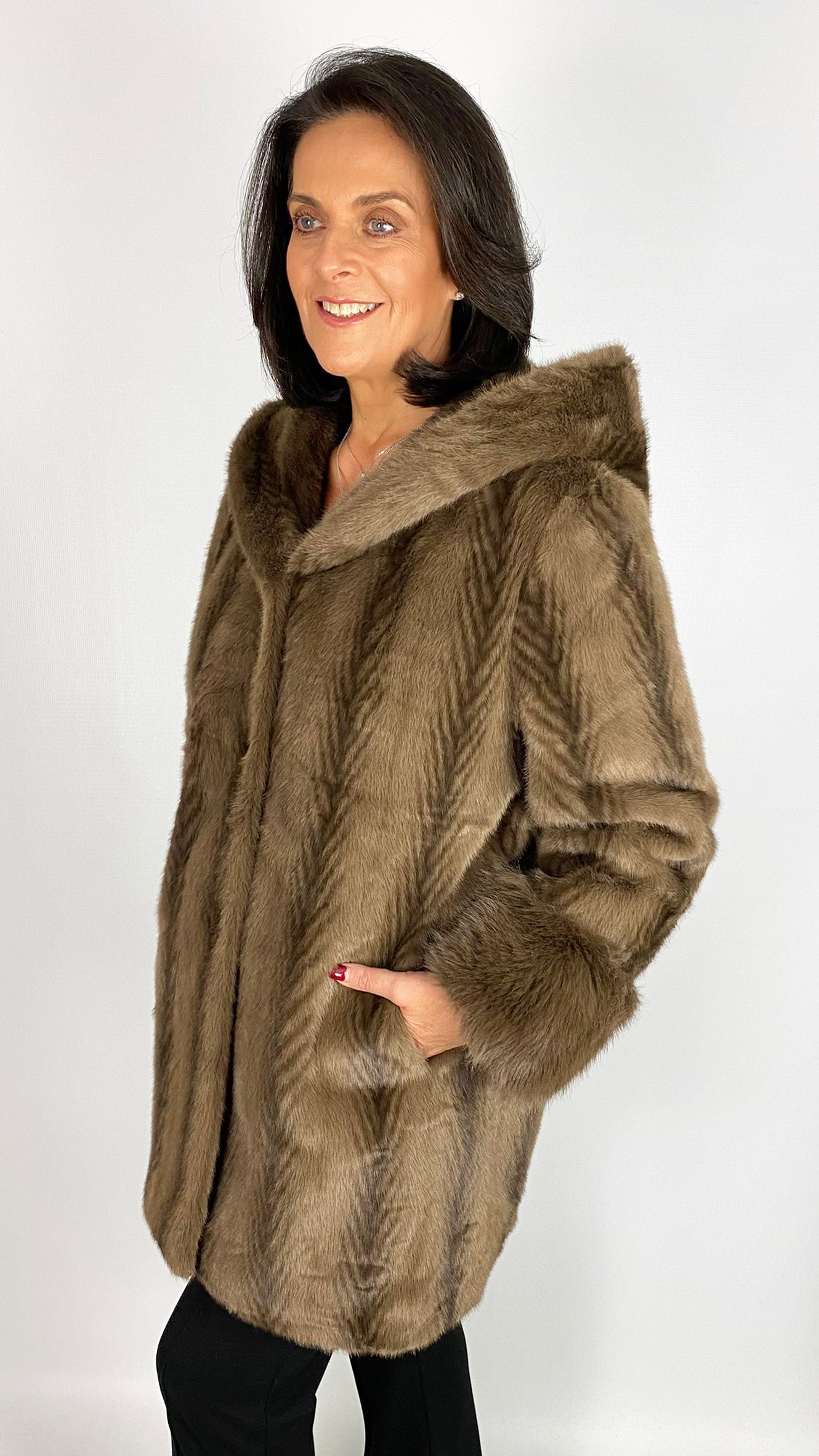 Feathered faux fur hooded midi jacket | Brown | by Malissa J