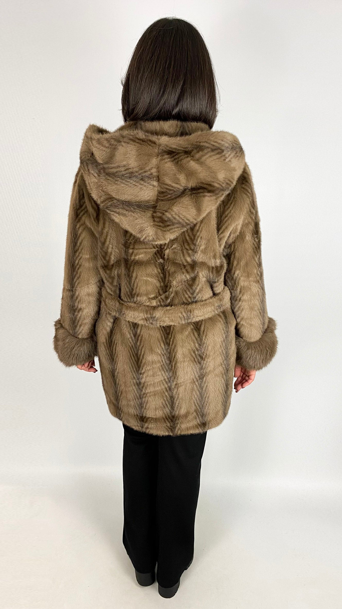Feathered faux fur hooded midi jacket | Brown | by Malissa J