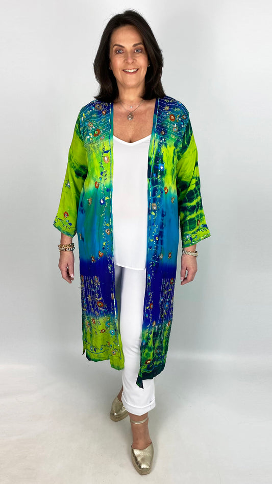 Longer-length unique silk print & embellished saree jacket (Various Colours)