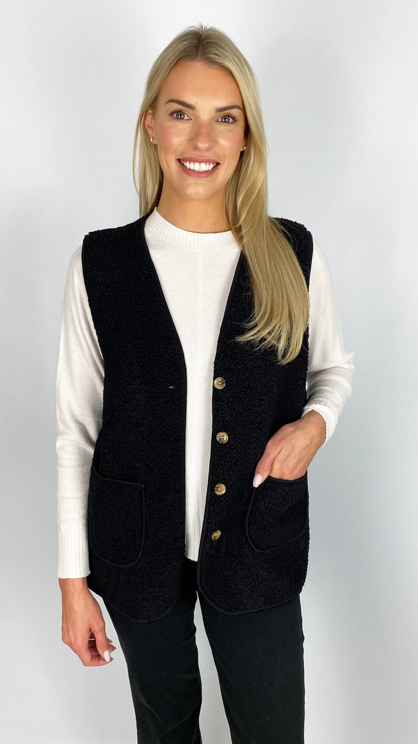 Button-through faux shearling gilet | 3 Colours