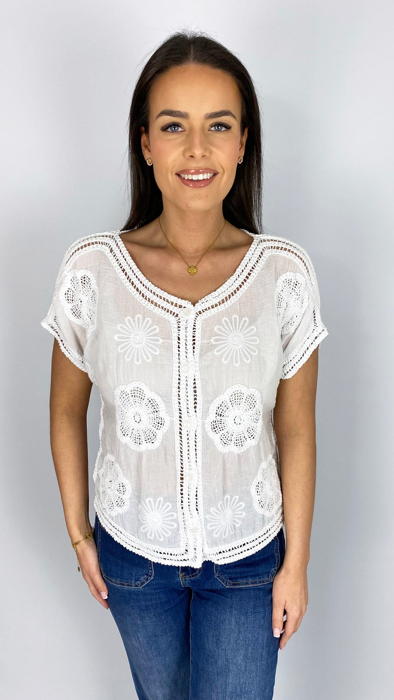 Embroidered button-through crochet top | 3 Colours