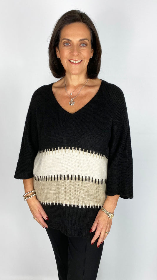 Contrast stripe v-neck knitted jumper | 3 Colours | last 1s