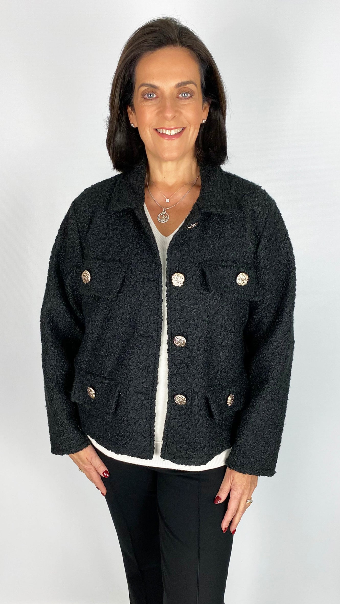 Boucle feature button jacket | 2 Colours