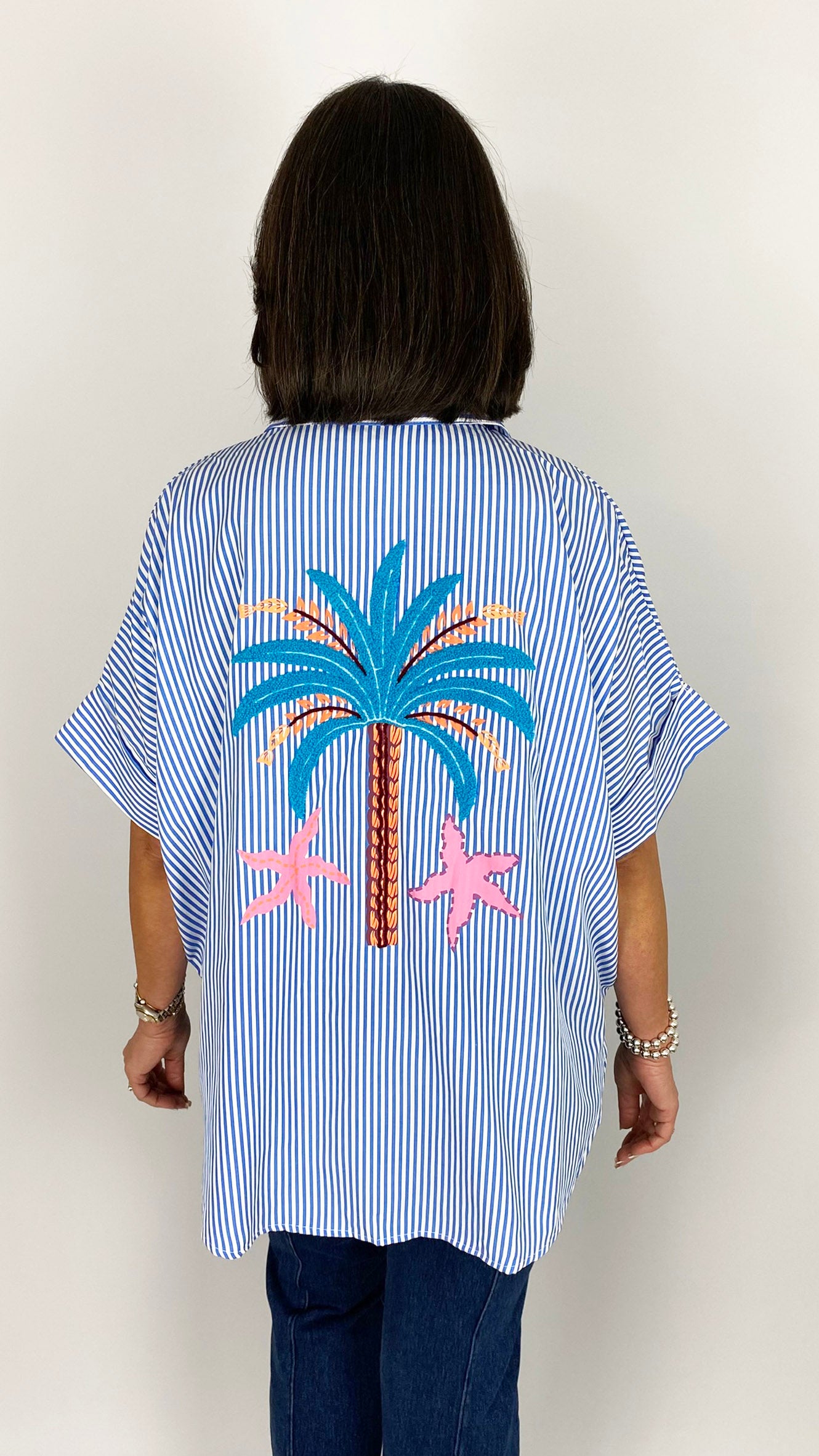 Print & embroidered tropical pinstripe shirt | Blue/White | back in, limited!