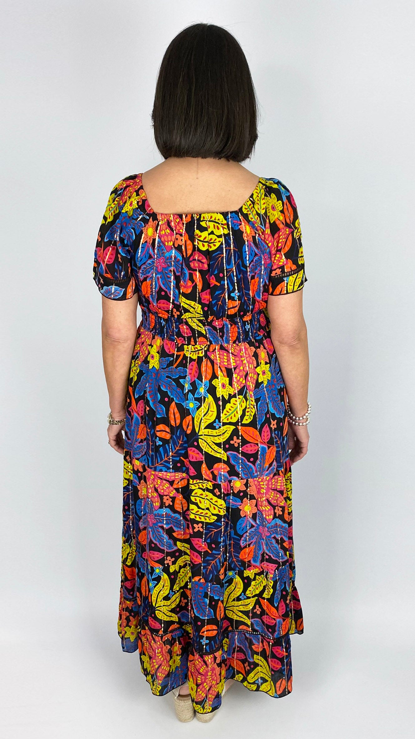 Metallic detail floral tiered maxi dress