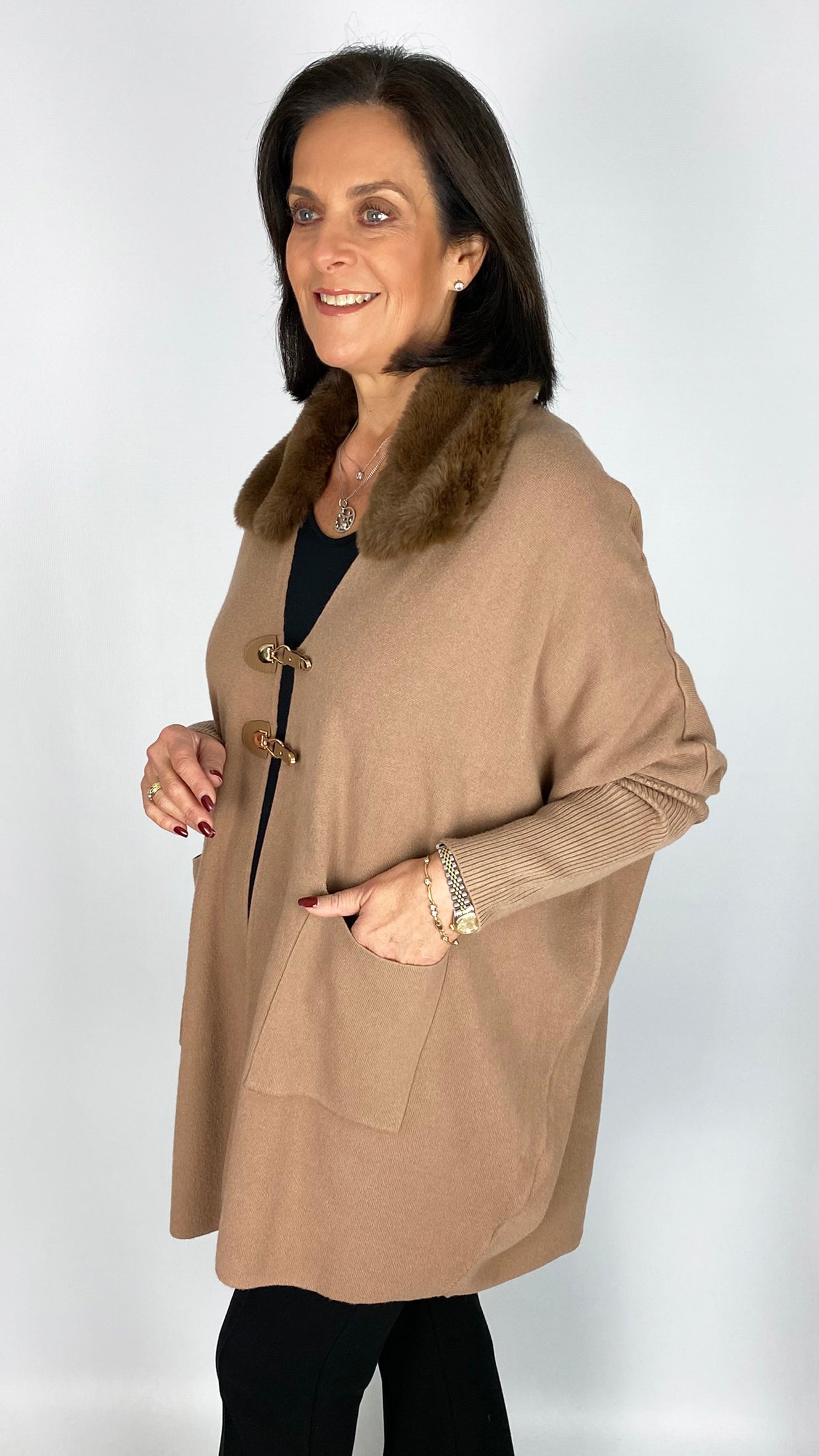 Buckle detail faux fur collar cardigan | 3 Colours