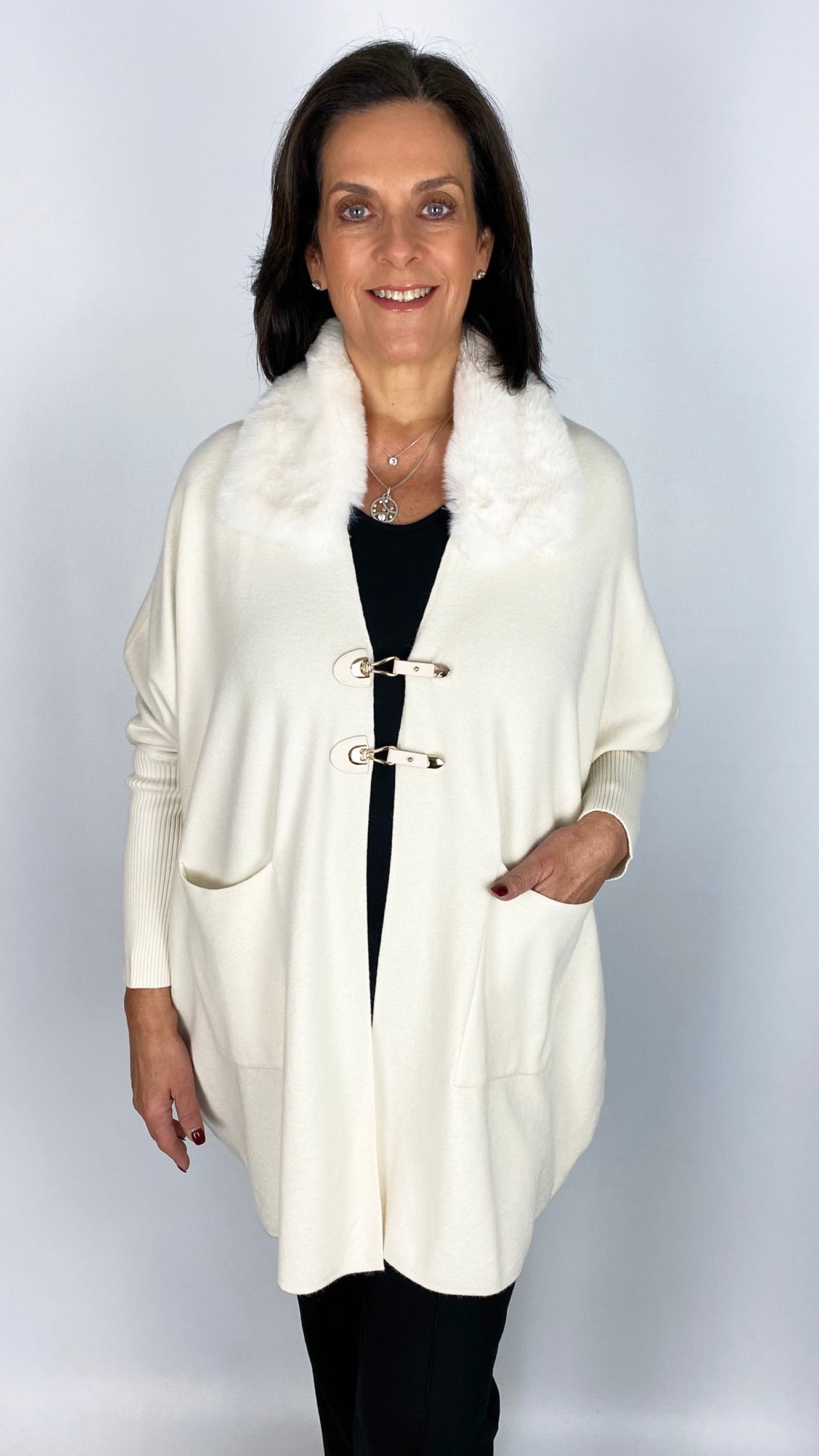 Buckle detail faux fur collar cardigan | 3 Colours