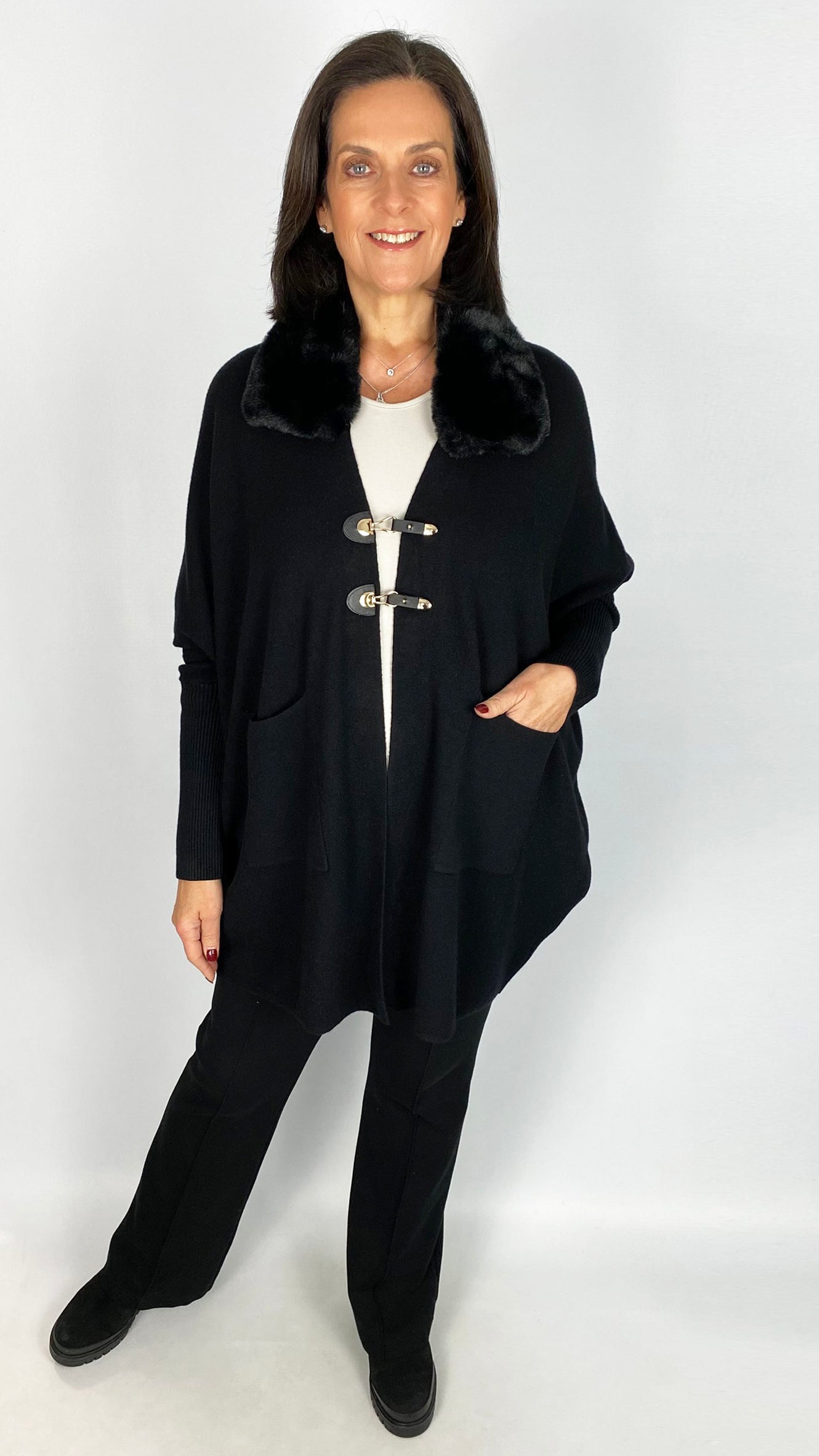 Buckle detail faux fur collar cardigan | 3 Colours