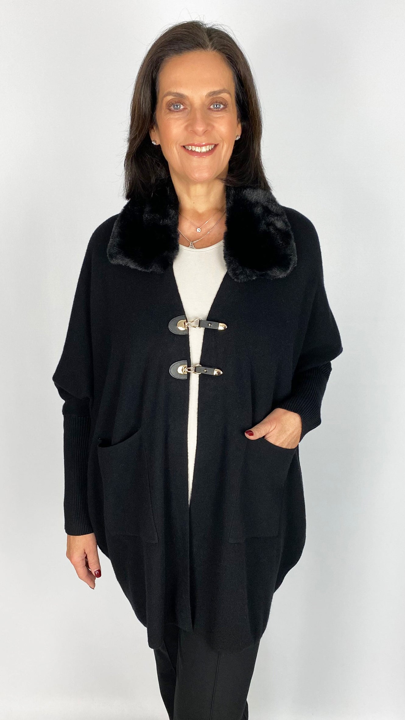 Buckle detail faux fur collar cardigan | 3 Colours