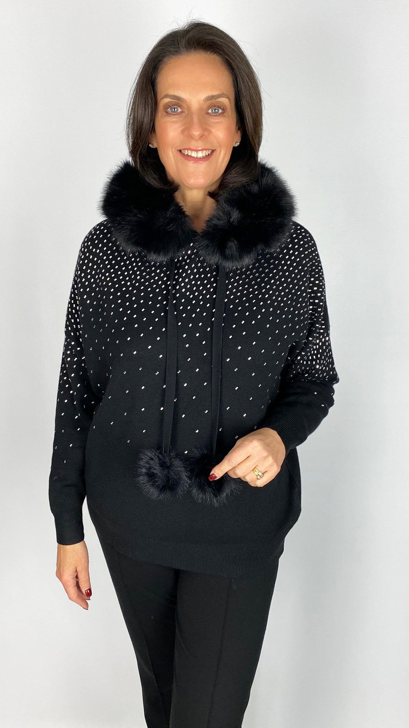 Crystal embellished faux fur hooded jumper | 3 Colours