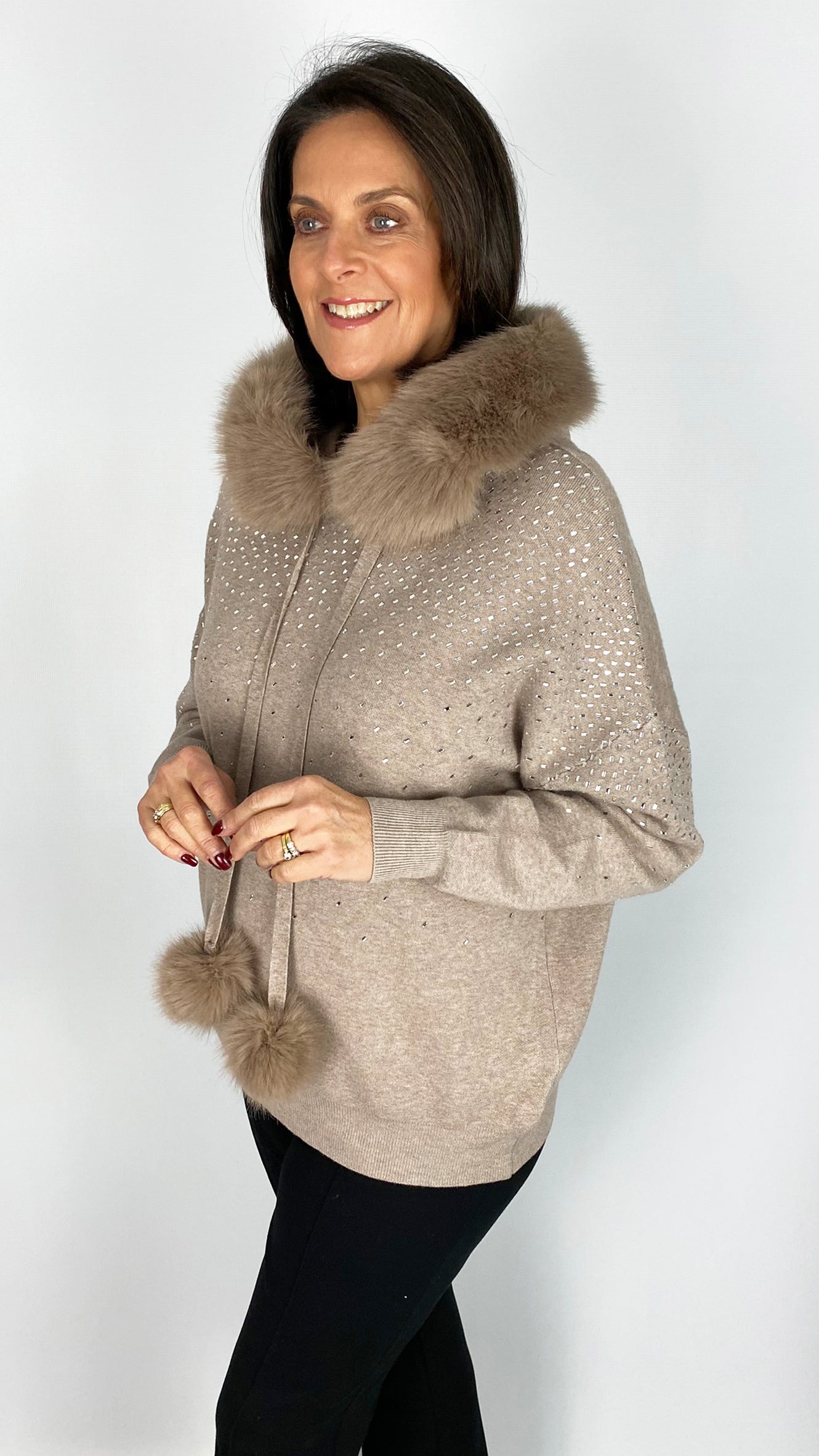 Crystal embellished faux fur hooded jumper | 3 Colours