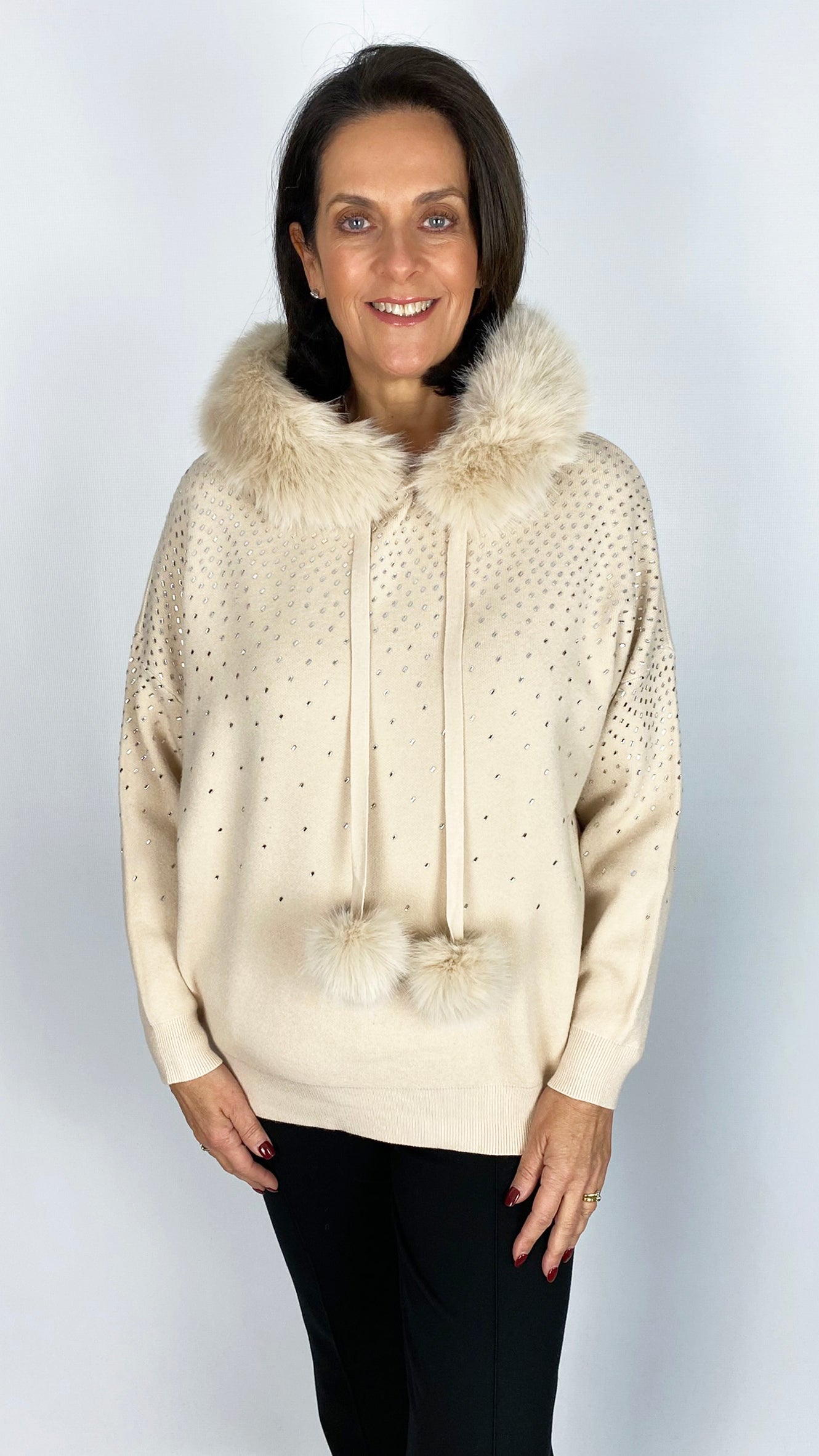 Crystal embellished faux fur hooded jumper | 3 Colours