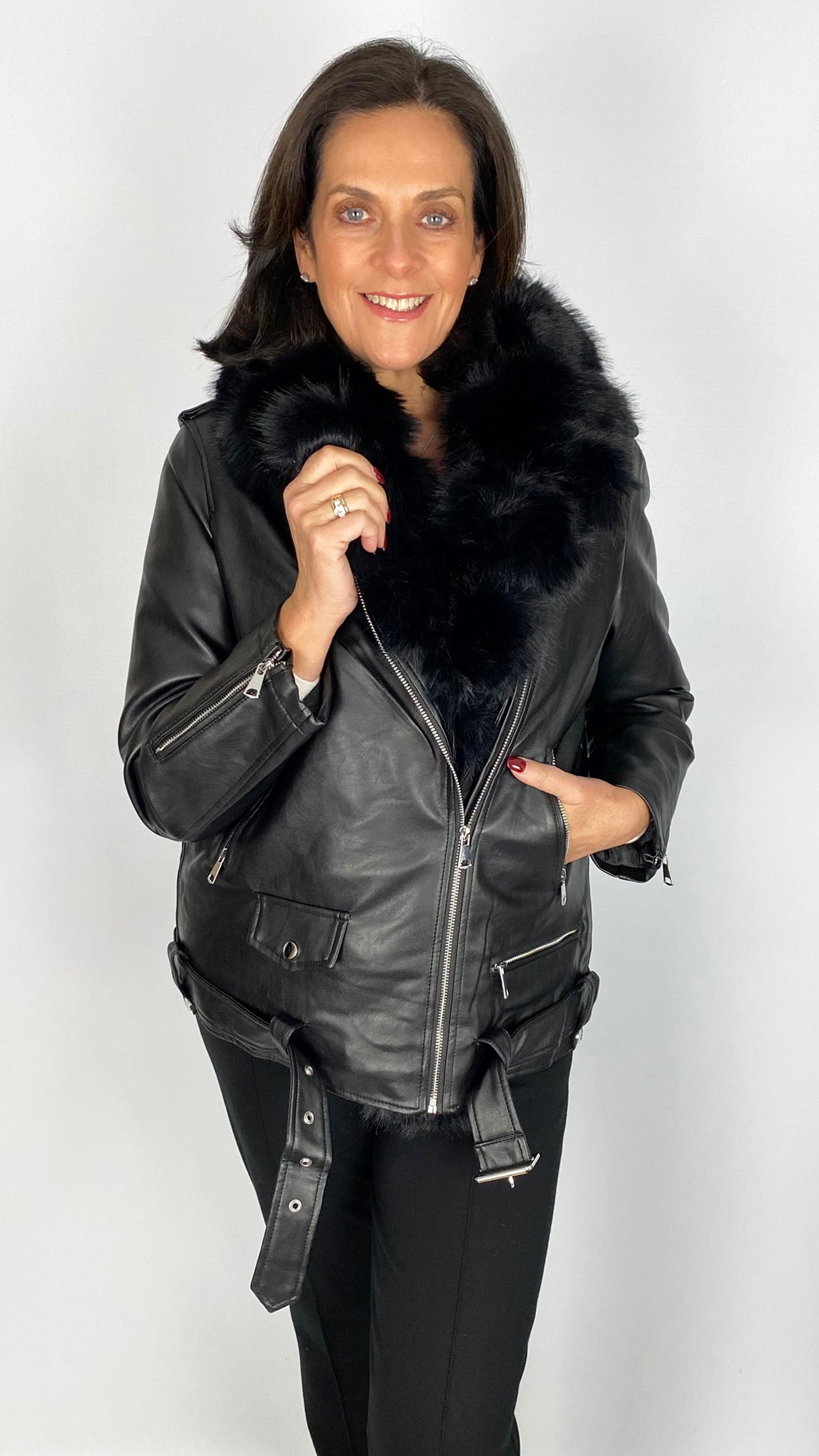Faux fur trimmed & lined pleather biker jacket | 2 Colours