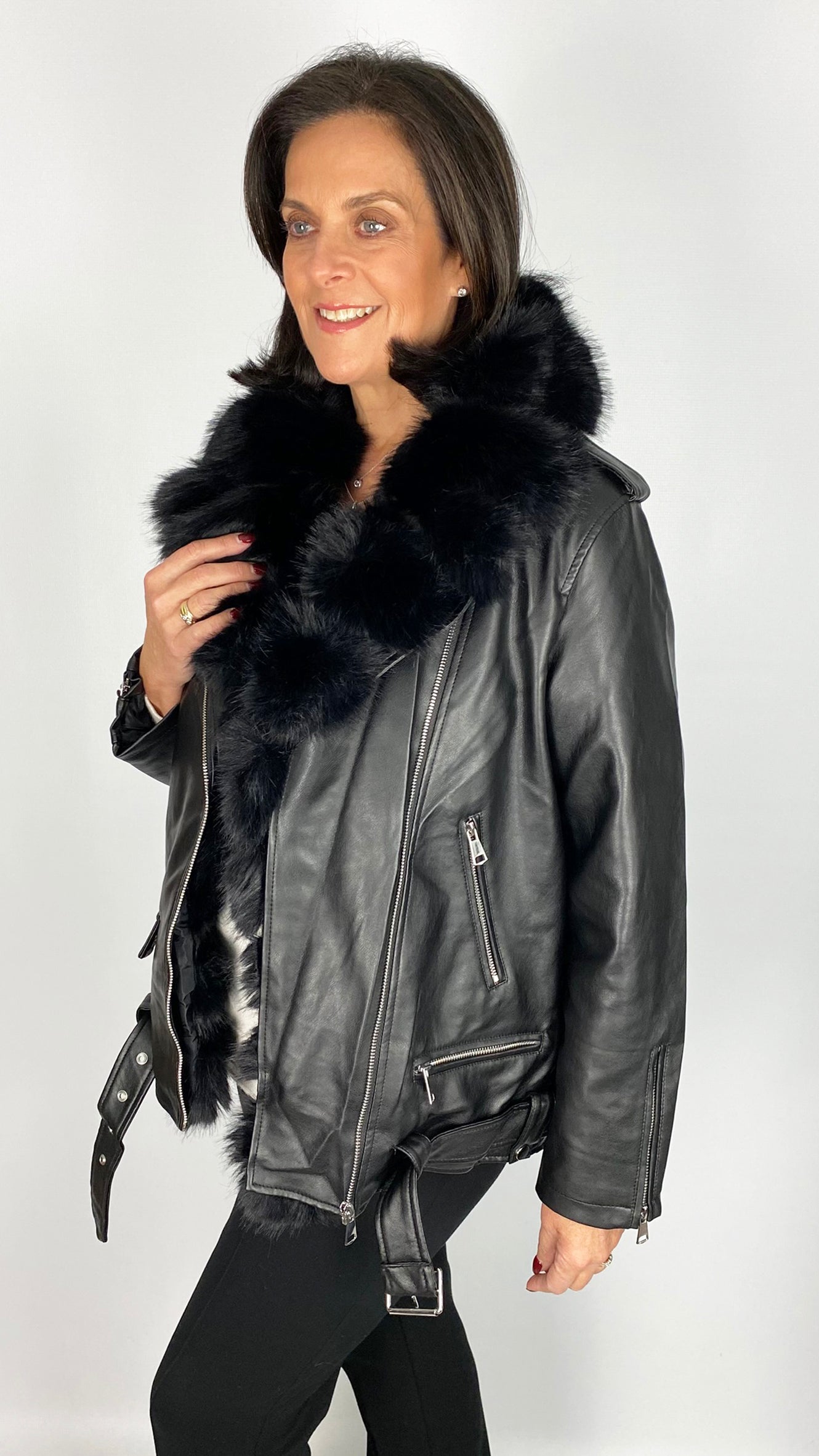 Faux fur trimmed & lined pleather biker jacket | 2 Colours