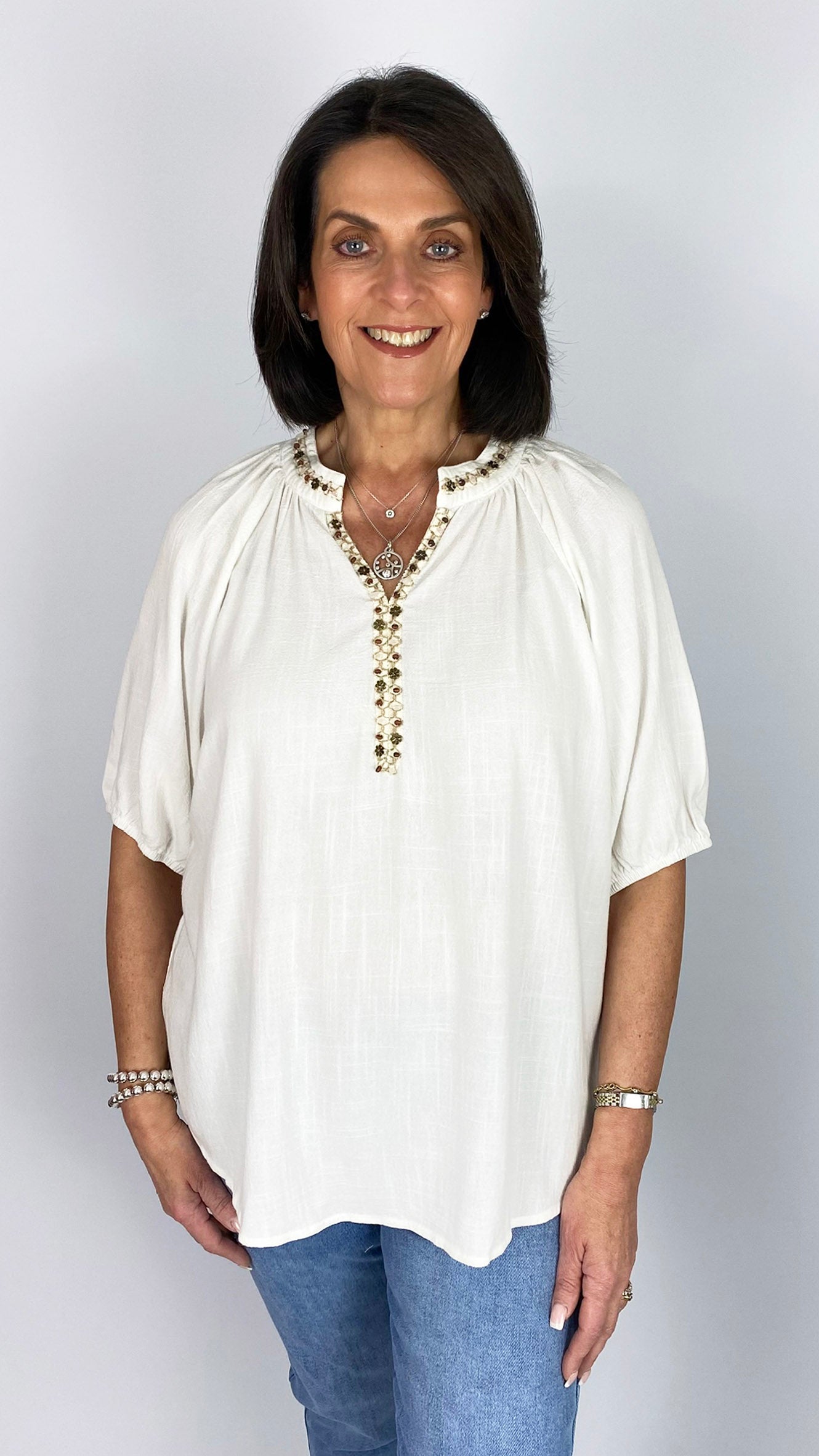 Beaded detail cotton & linen paysanne blouse | 2 Colours | 2 Sizes