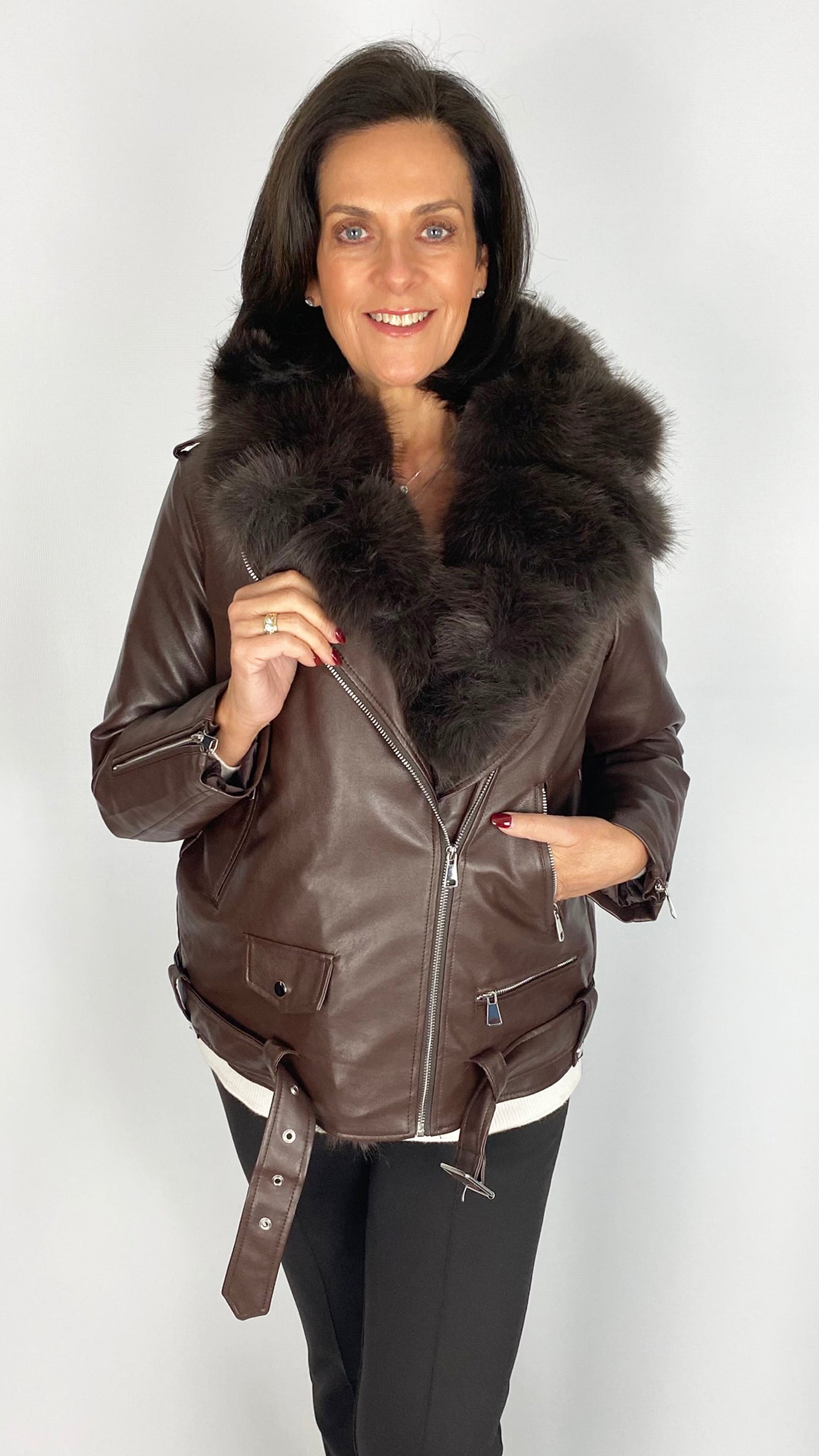 Faux fur trimmed & lined pleather biker jacket | 2 Colours