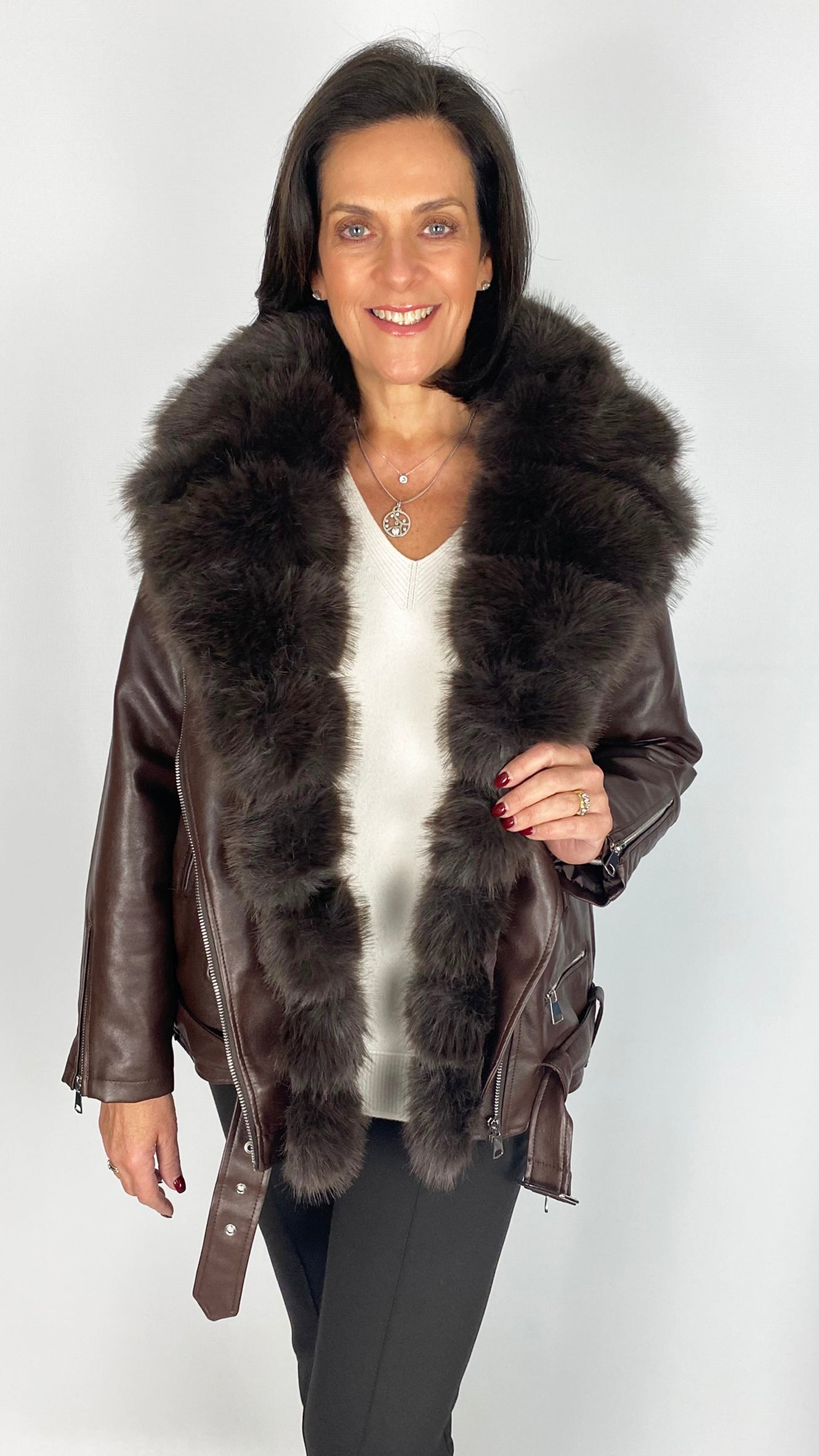 Faux fur trimmed & lined pleather biker jacket | 2 Colours