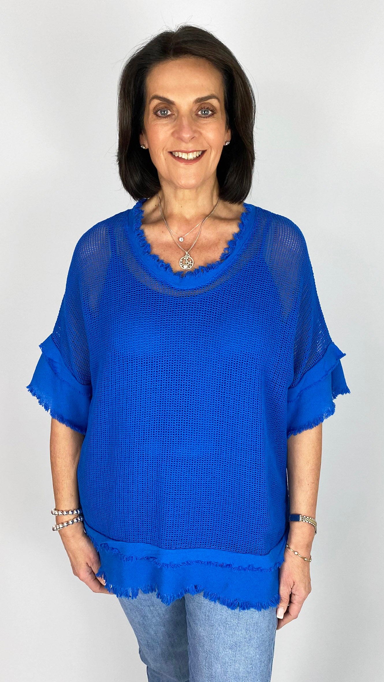 Distressed edged mesh cotton v-neck top w/ cami | 7 Colours