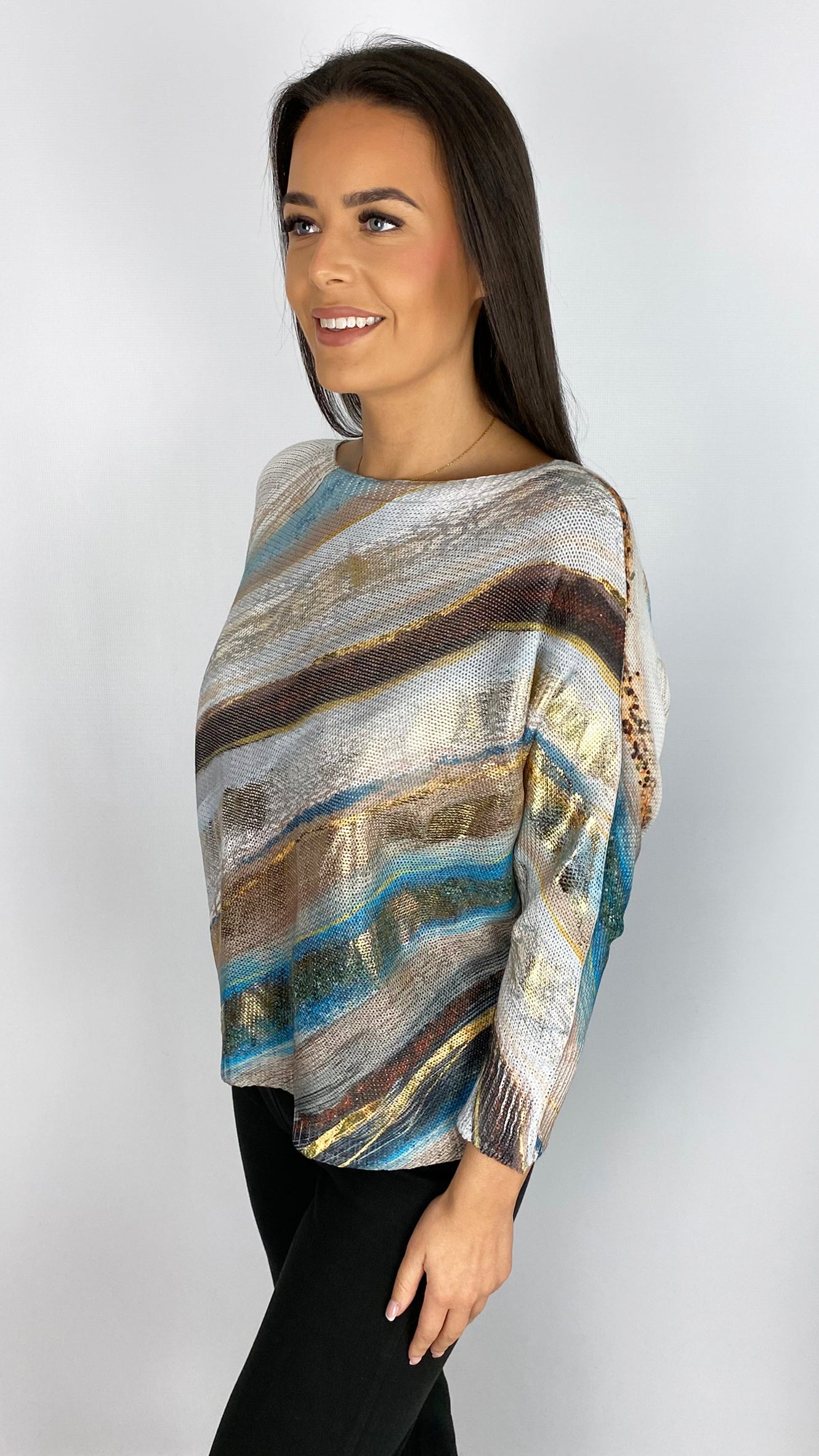 Woven diagonal print & foiled batwing top | 2 Colours