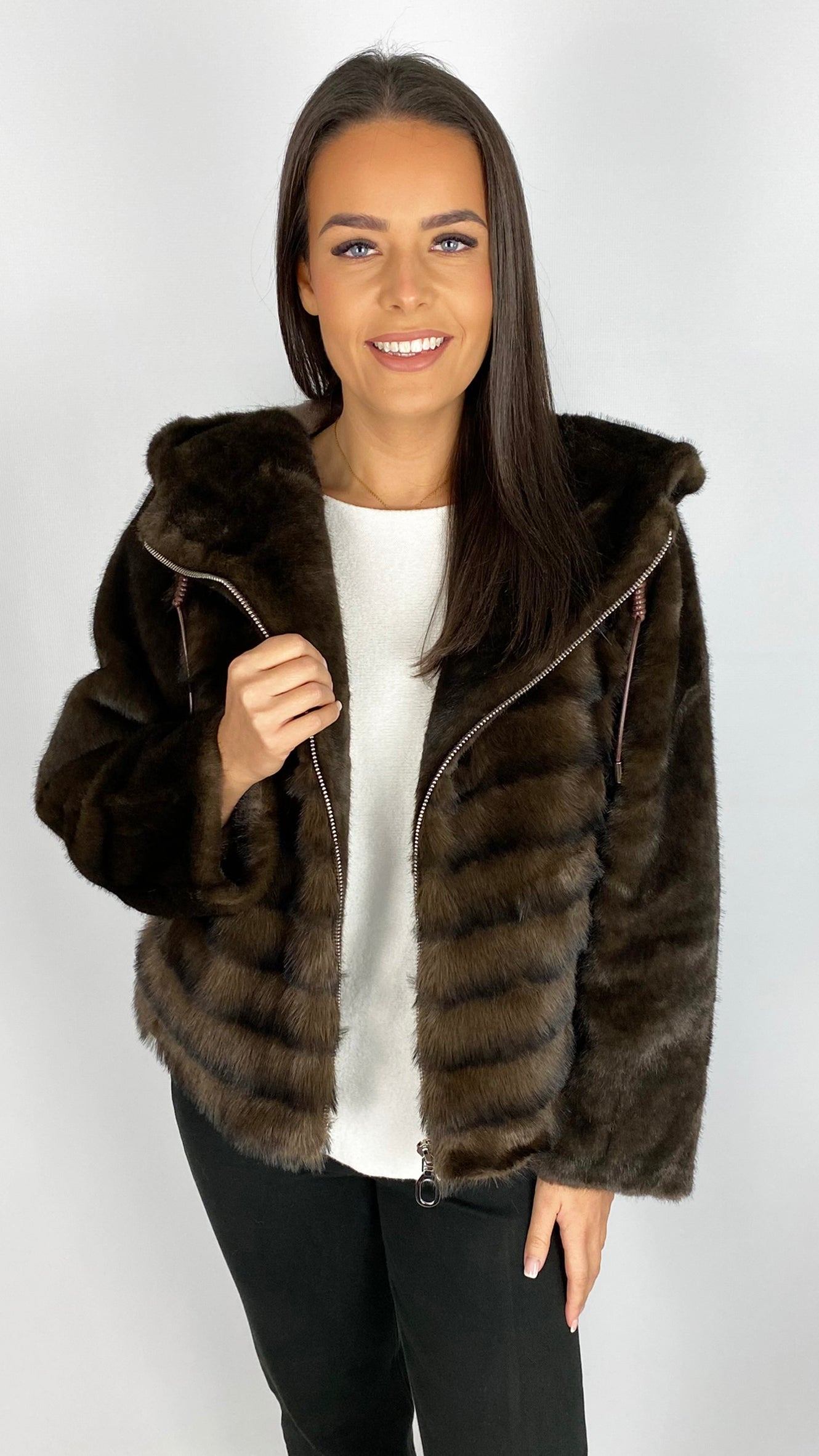Luxury faux fur zip-through hooded jacket | 2 Colours