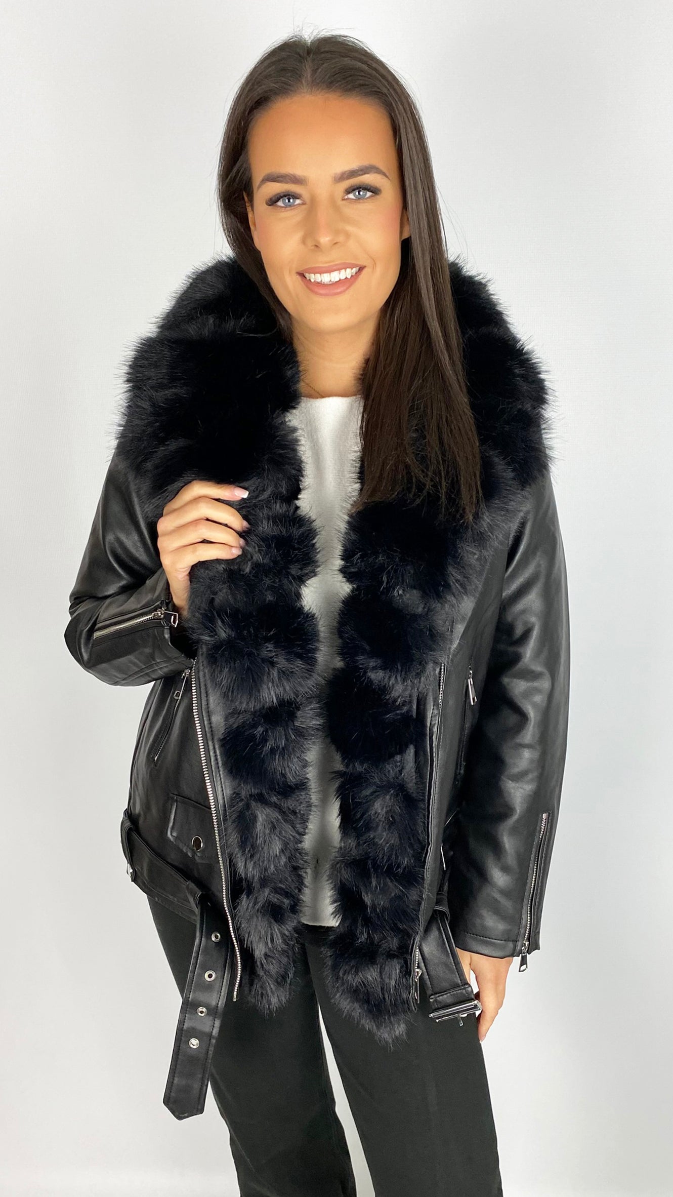 Faux fur trimmed & lined pleather biker jacket | 2 Colours