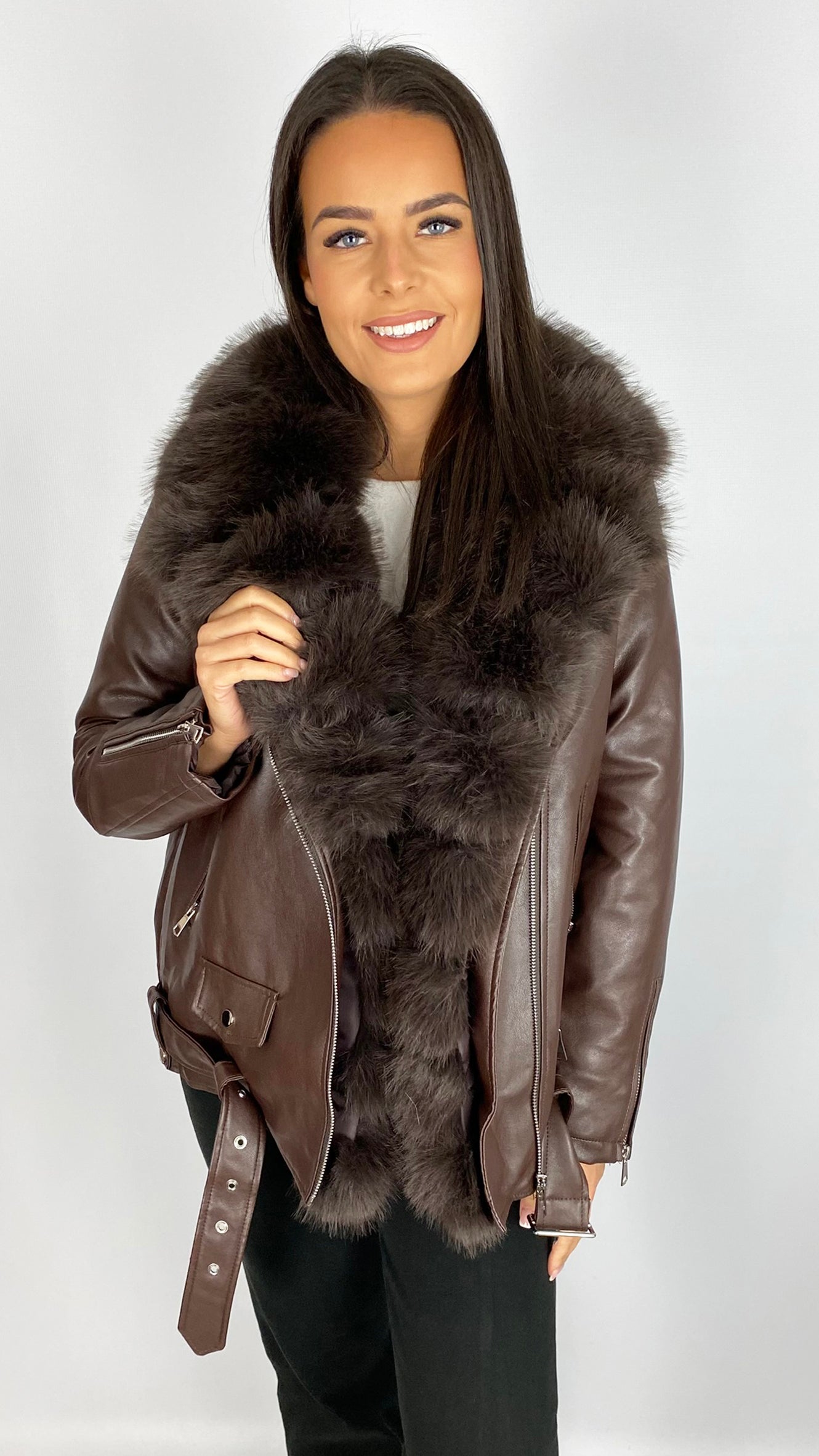 Faux fur trimmed & lined pleather biker jacket | 2 Colours