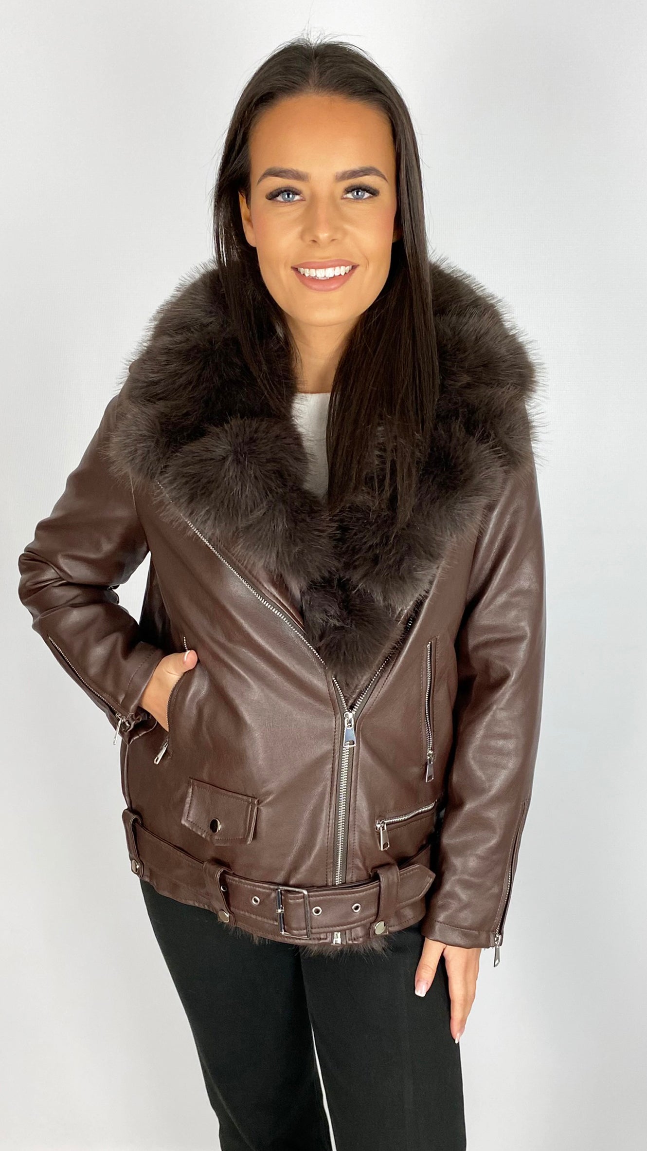 Faux fur trimmed & lined pleather biker jacket | 2 Colours