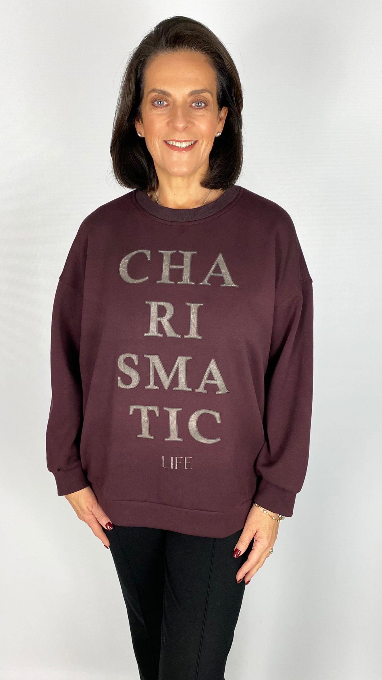 'Charismatic' slogan sweatshirt | Bordeaux/Gun Metal | by Mat