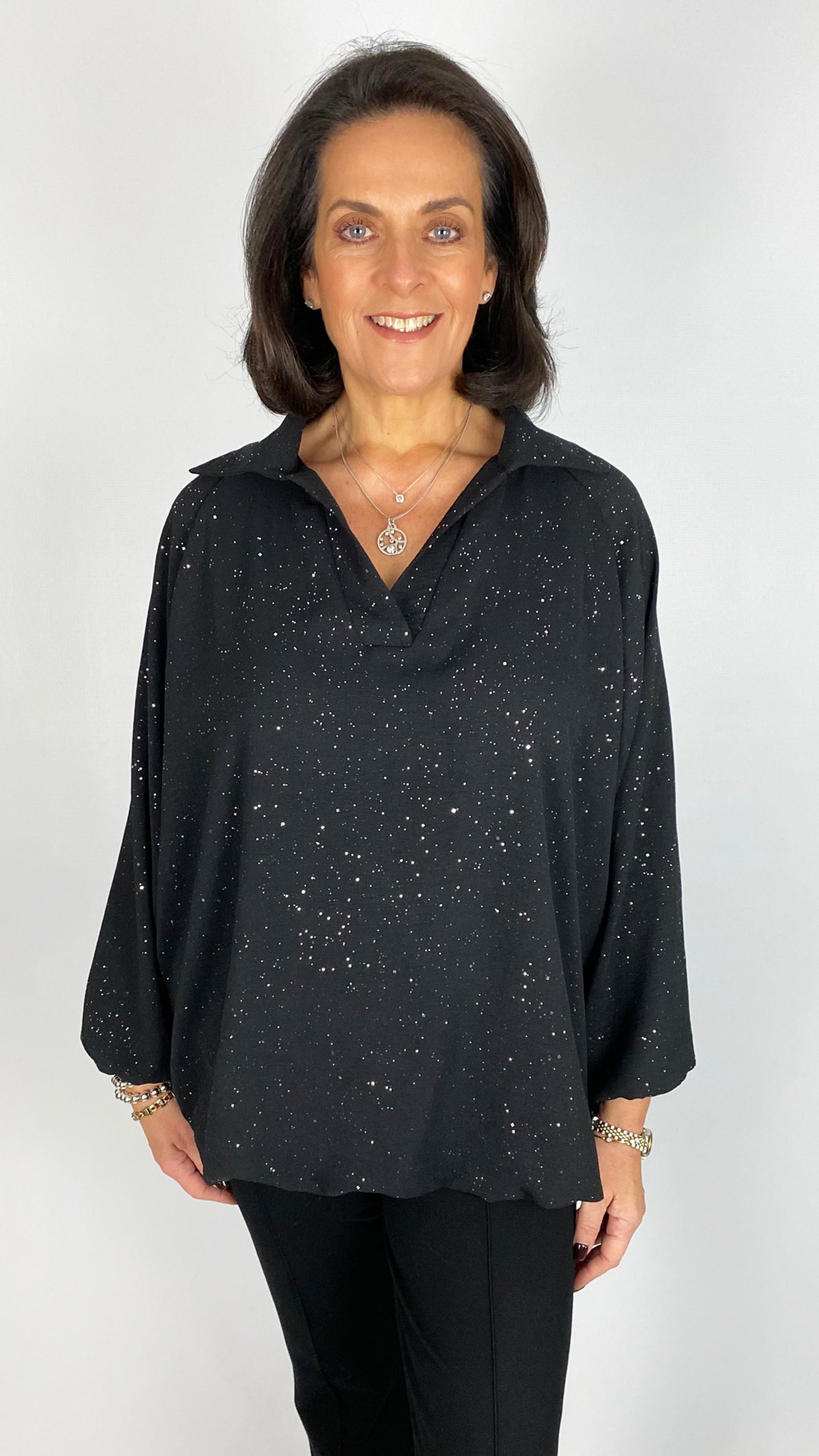 Gathered hem sparkle v-neck collar blouse | 4 Colours