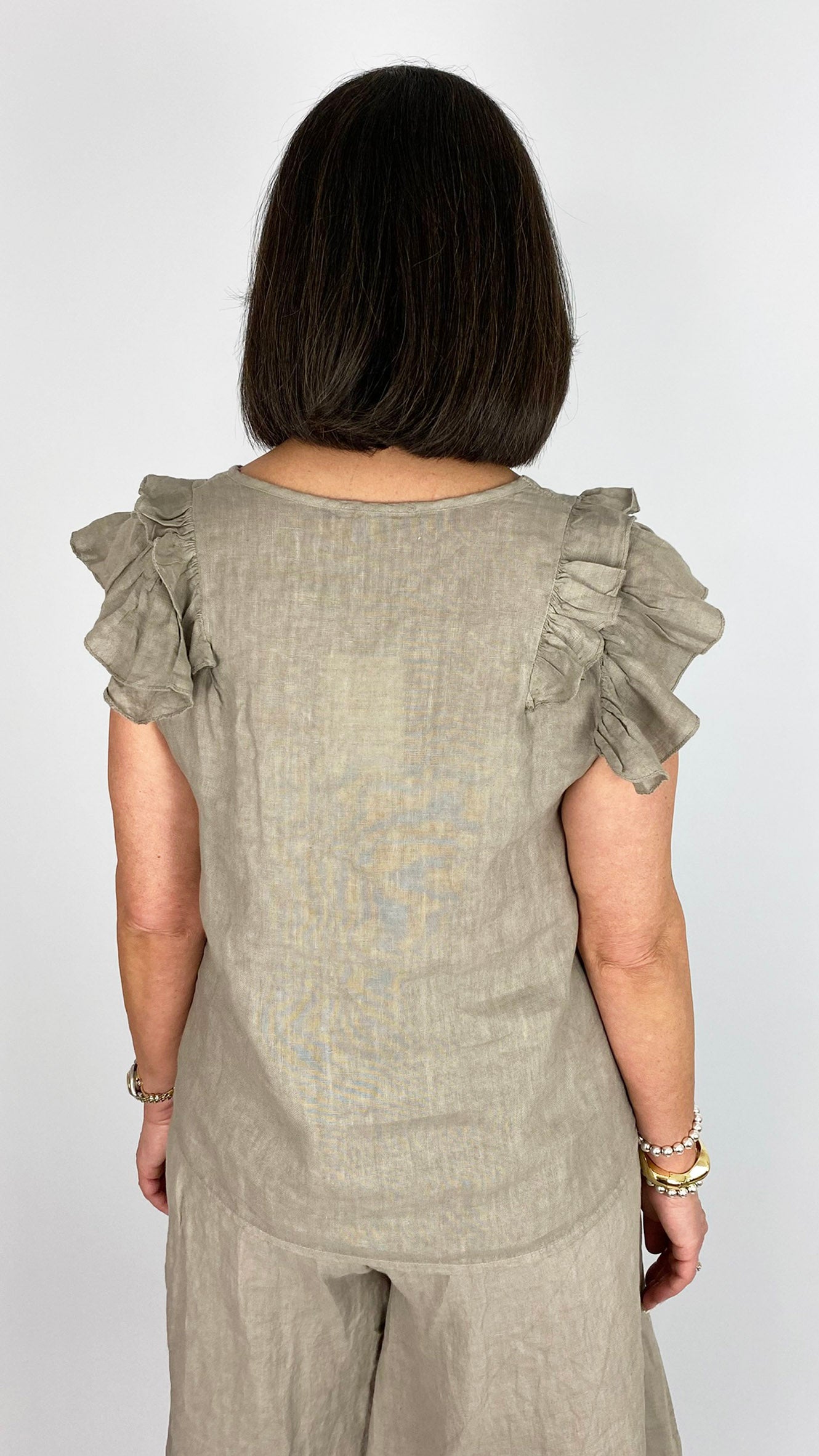 Linen frill shoulder sleeveless v-neck top | 2 Colours