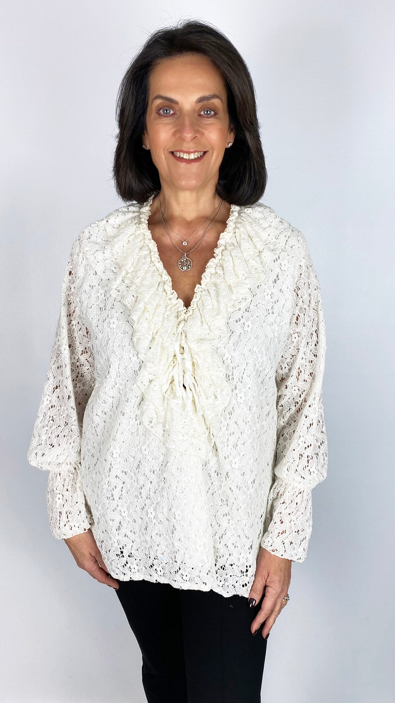 Lace & sequin tie & frill front blouse | 3 Colours