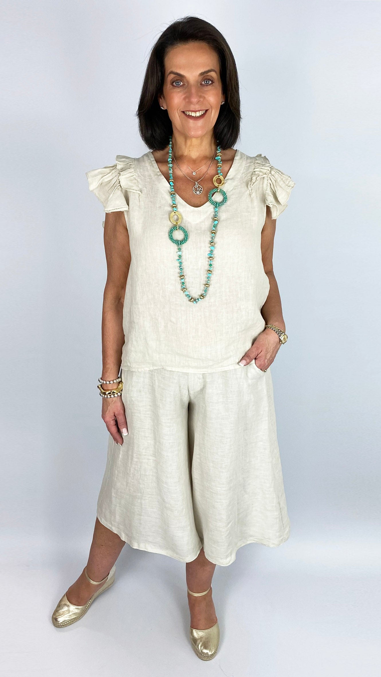 Linen frill shoulder sleeveless v-neck top | 4 Colours