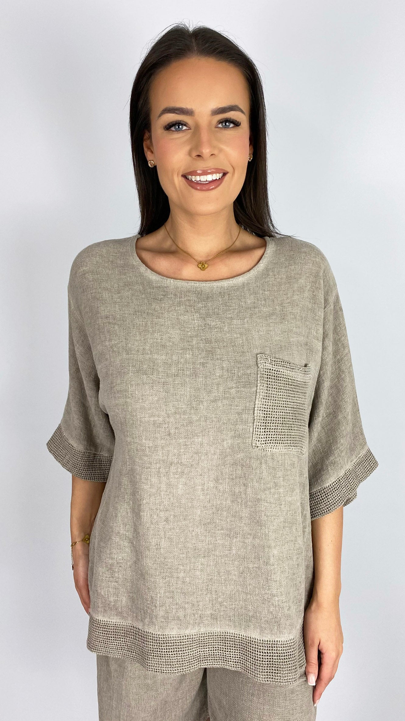 Cotton & linen mix feature pocket mesh trimmed top | 3 Colours