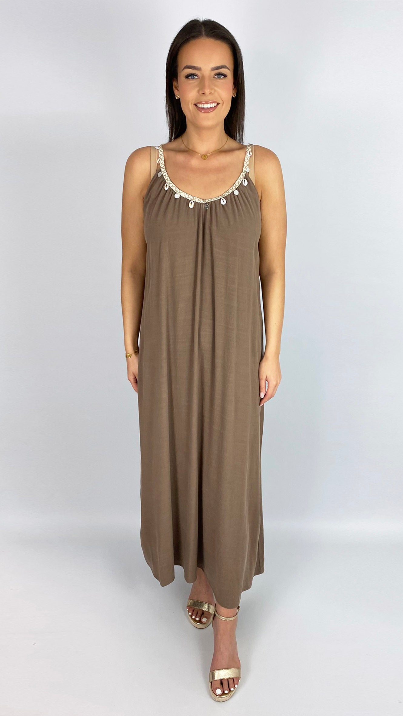 Shell embellished braided neckline linen mix maxi dress | 2 Colours