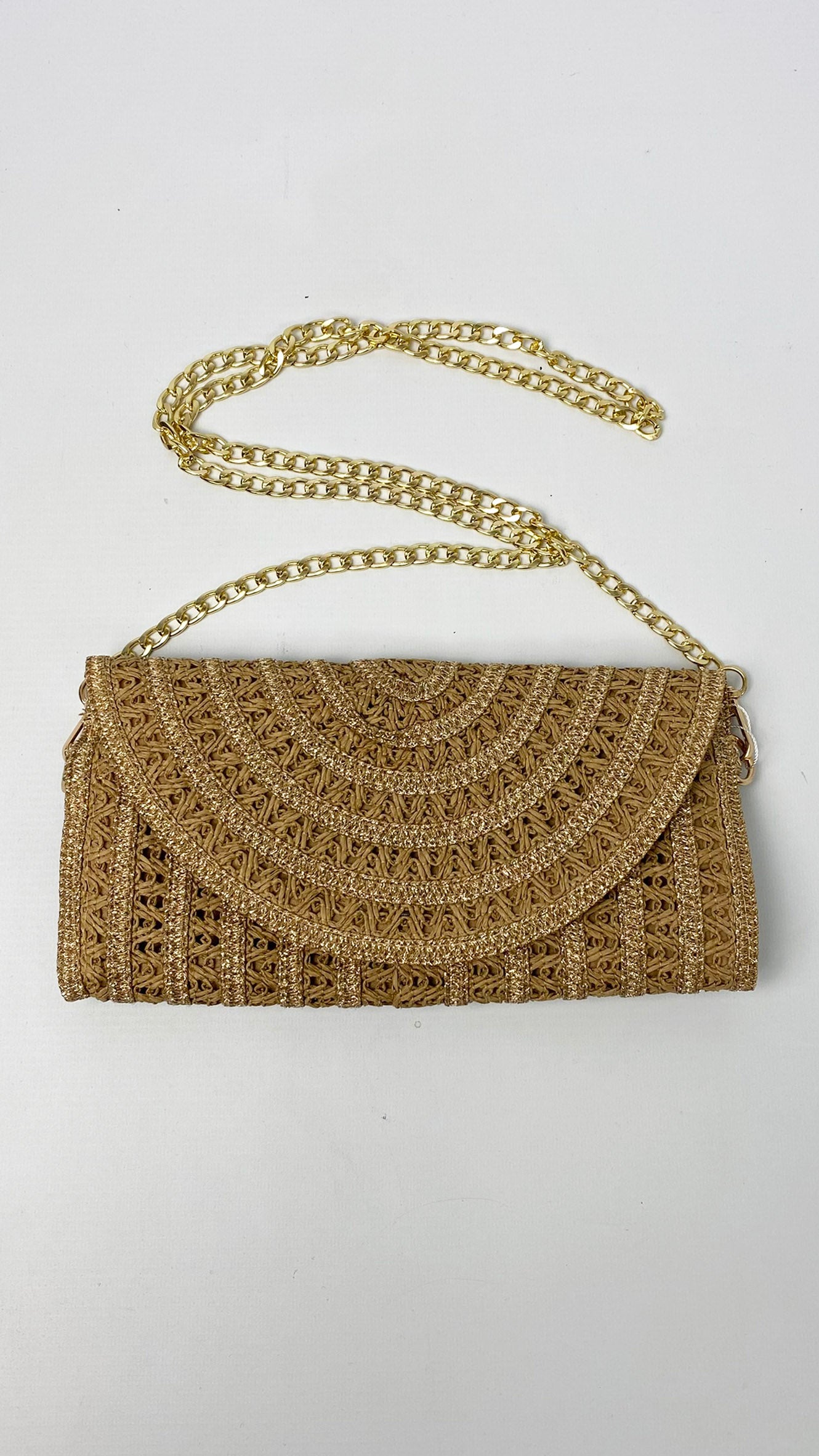 Raffia clutch bag with gold crossbody chain