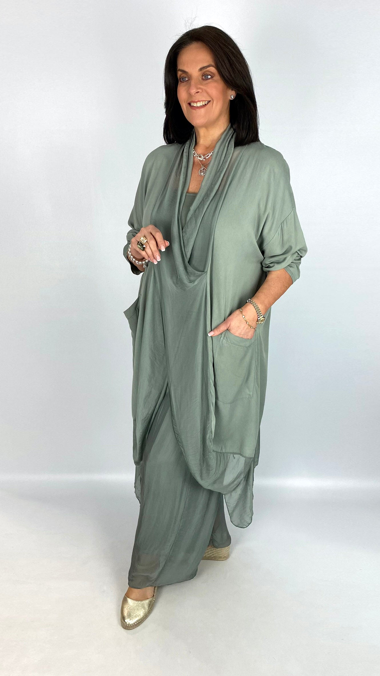 Silk & jersey longline crossover top | Khaki