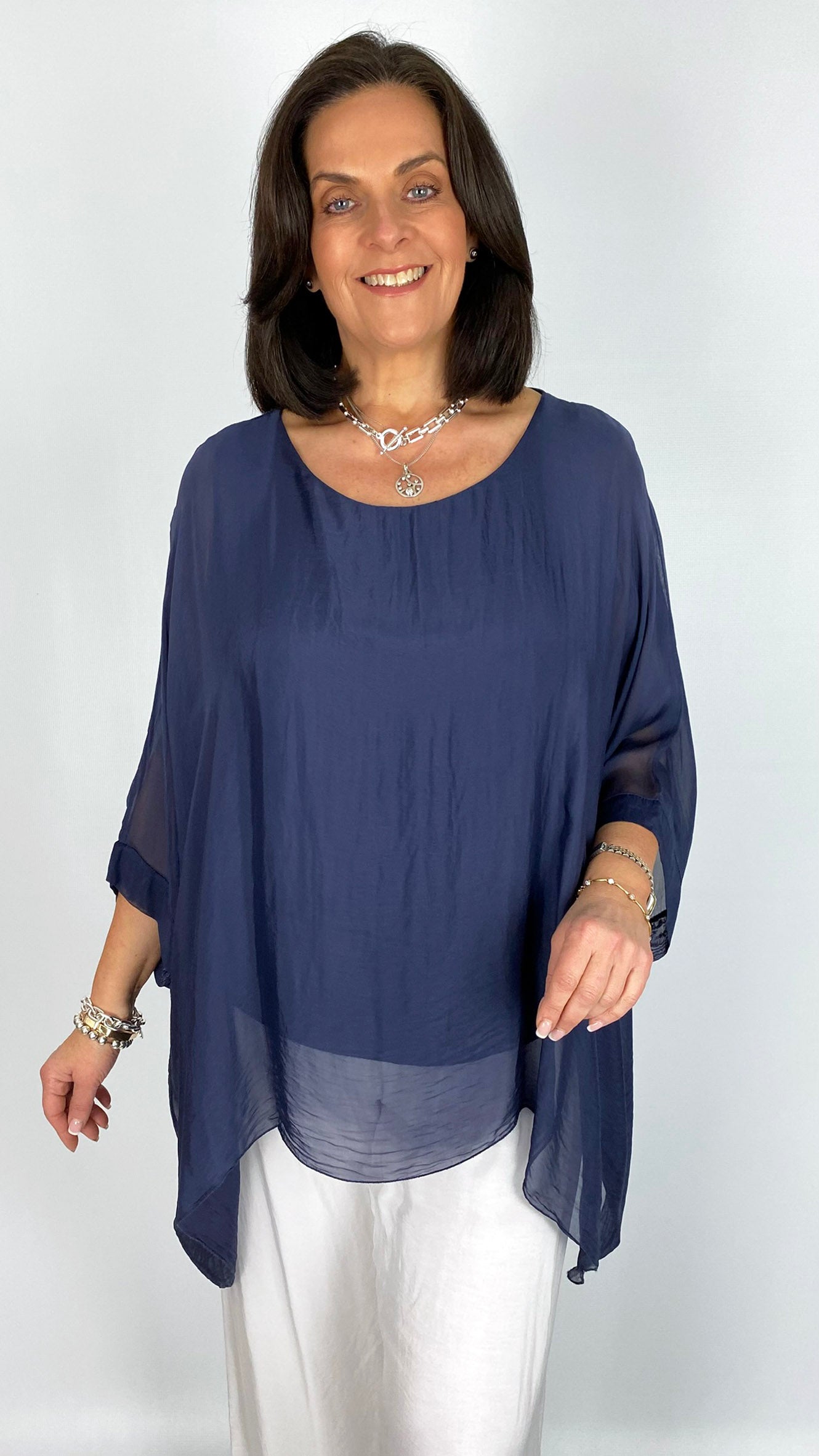 Silk batwing tunic top | Navy
