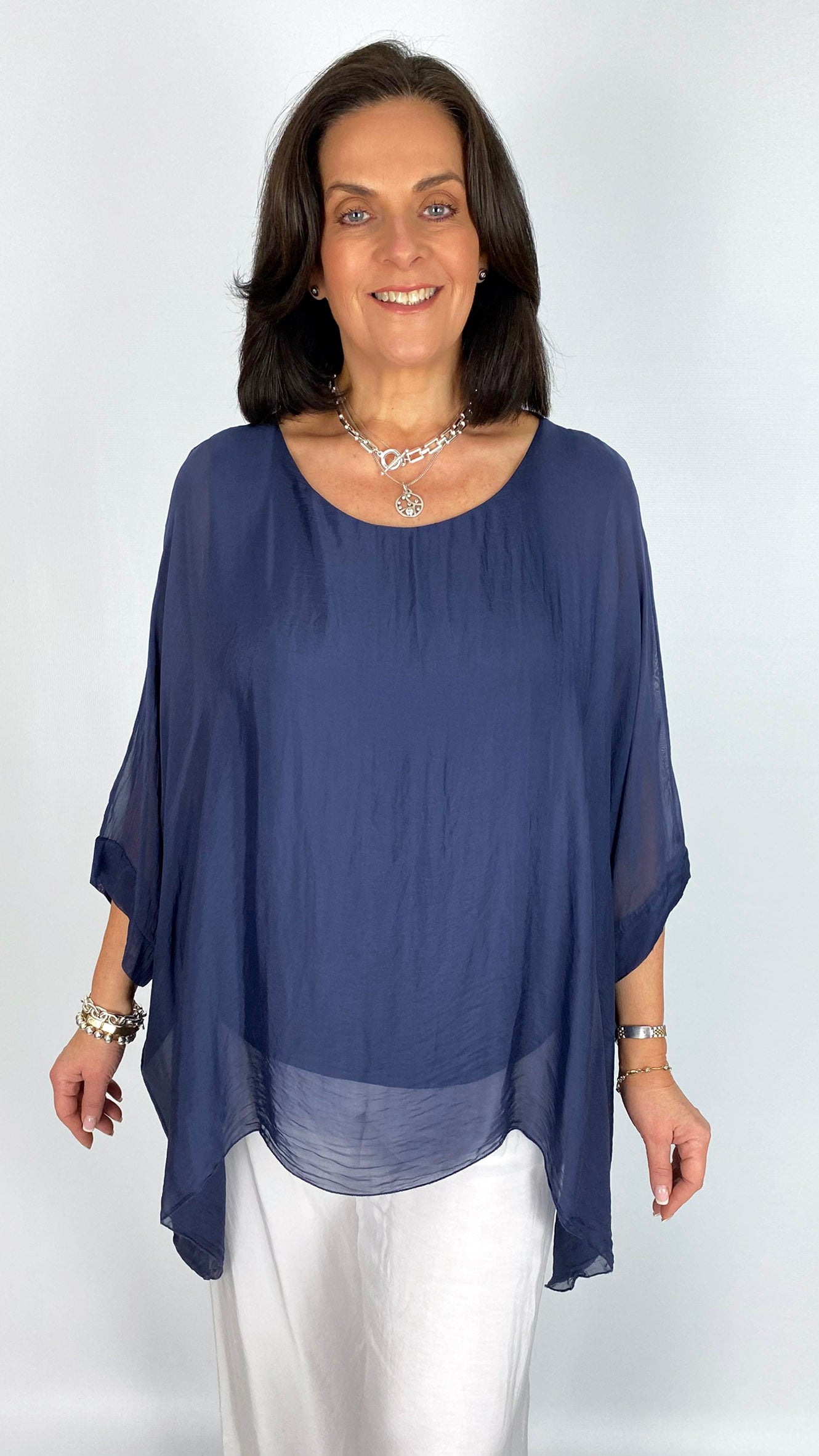 Silk batwing tunic top | Navy