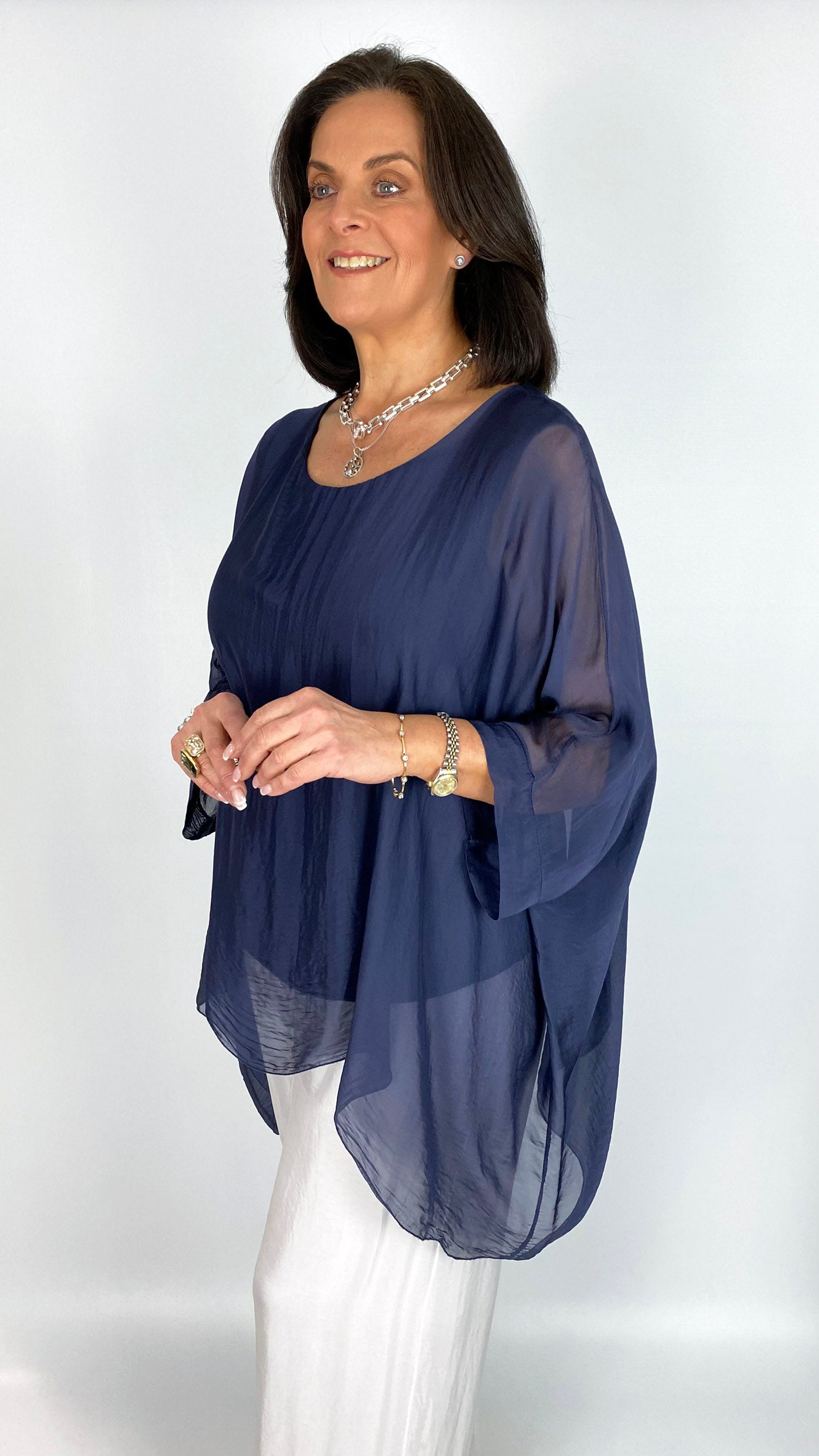 Silk batwing tunic top | Navy