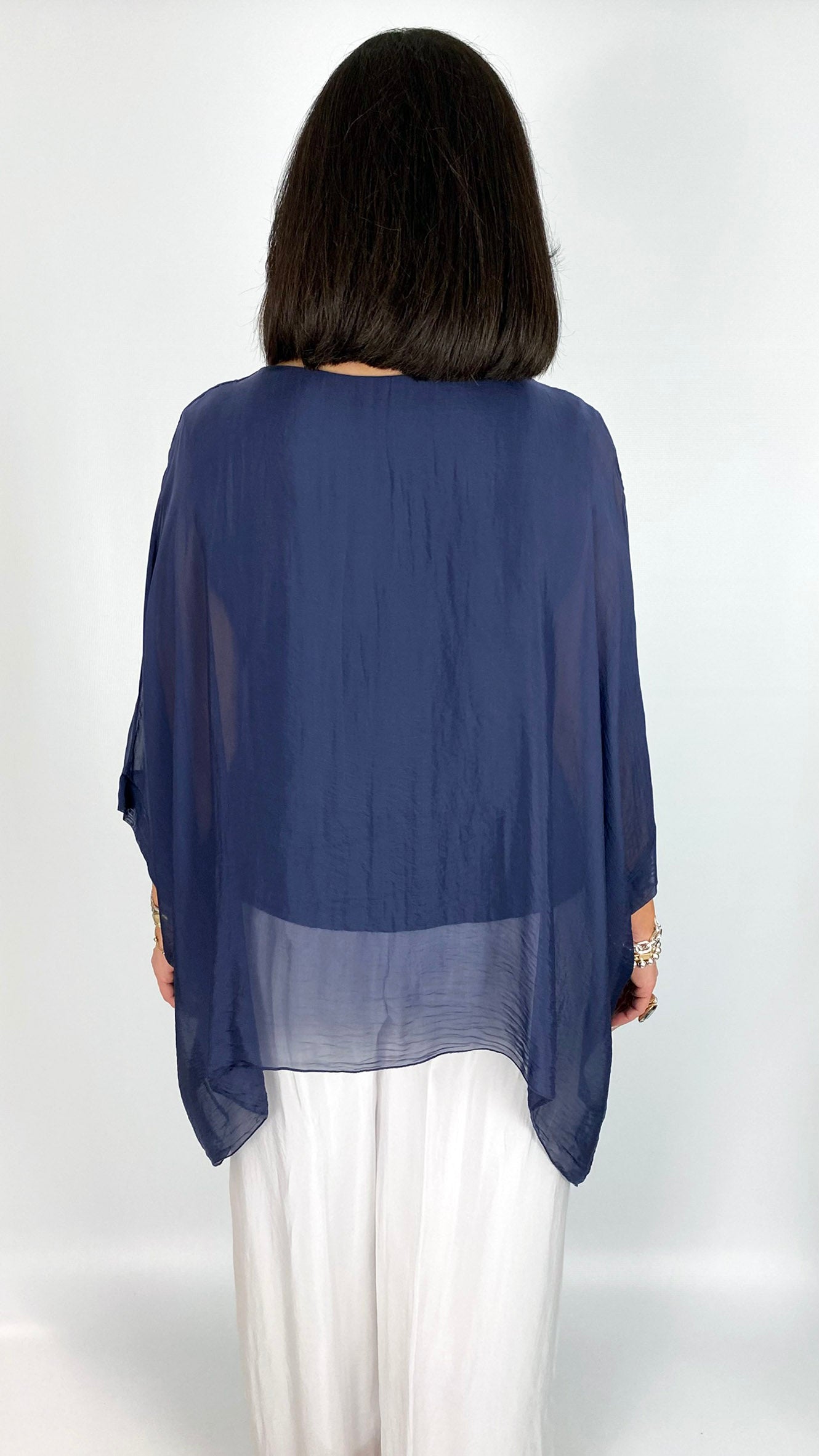 Silk batwing tunic top | Navy
