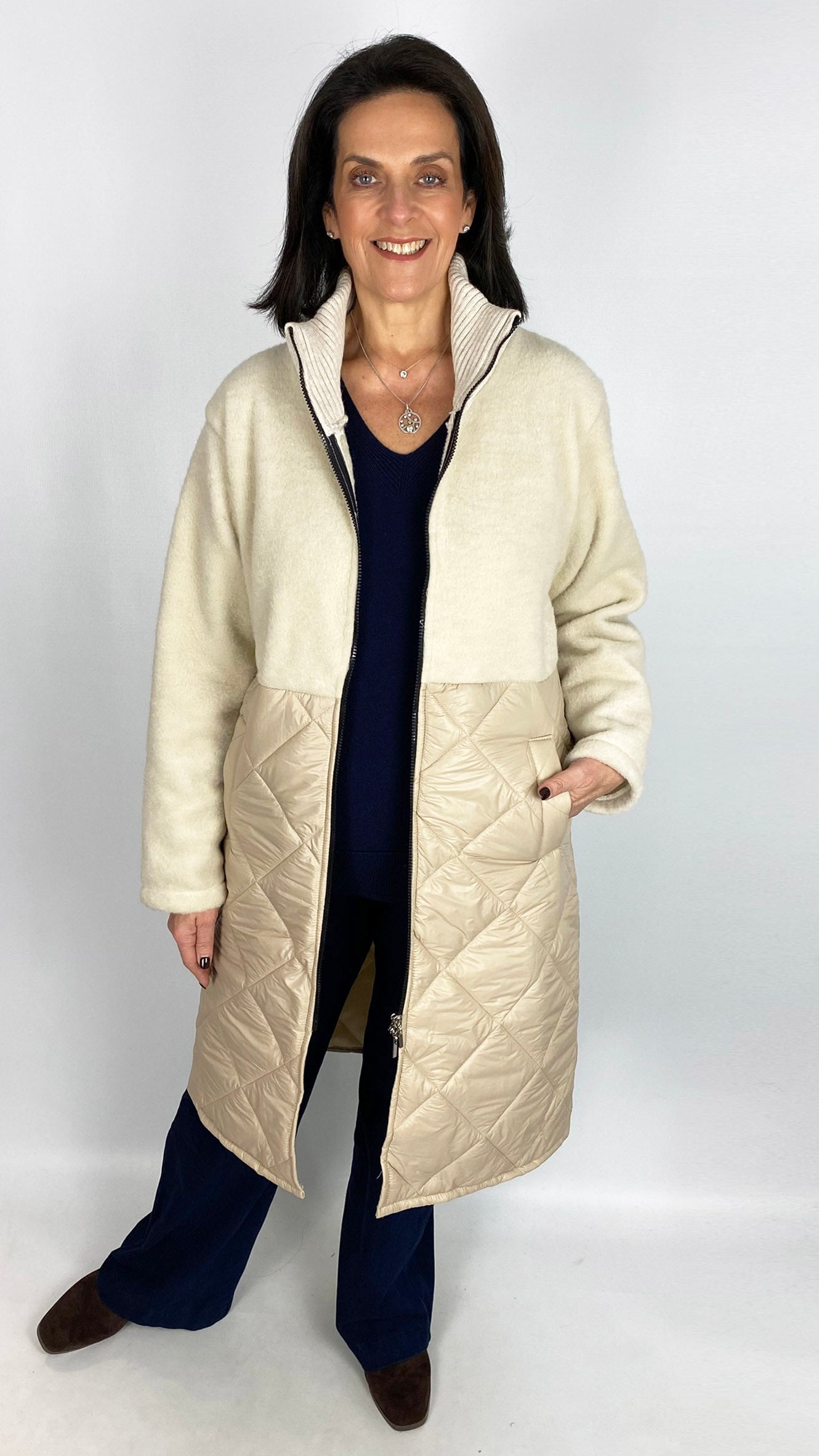 Half quilted zip-up longline jacket | Chocolate