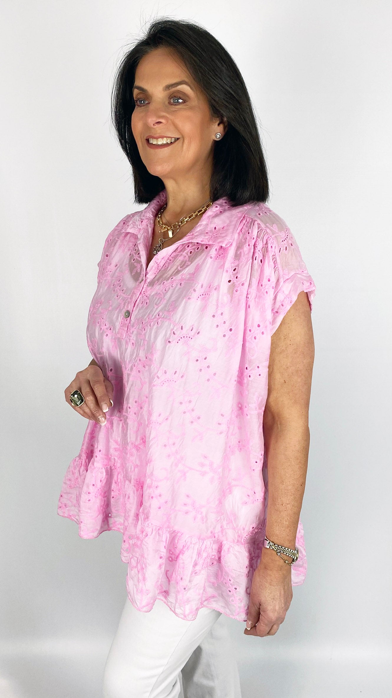 Broderie anglaise collar & button v-neck top | 5 Colours