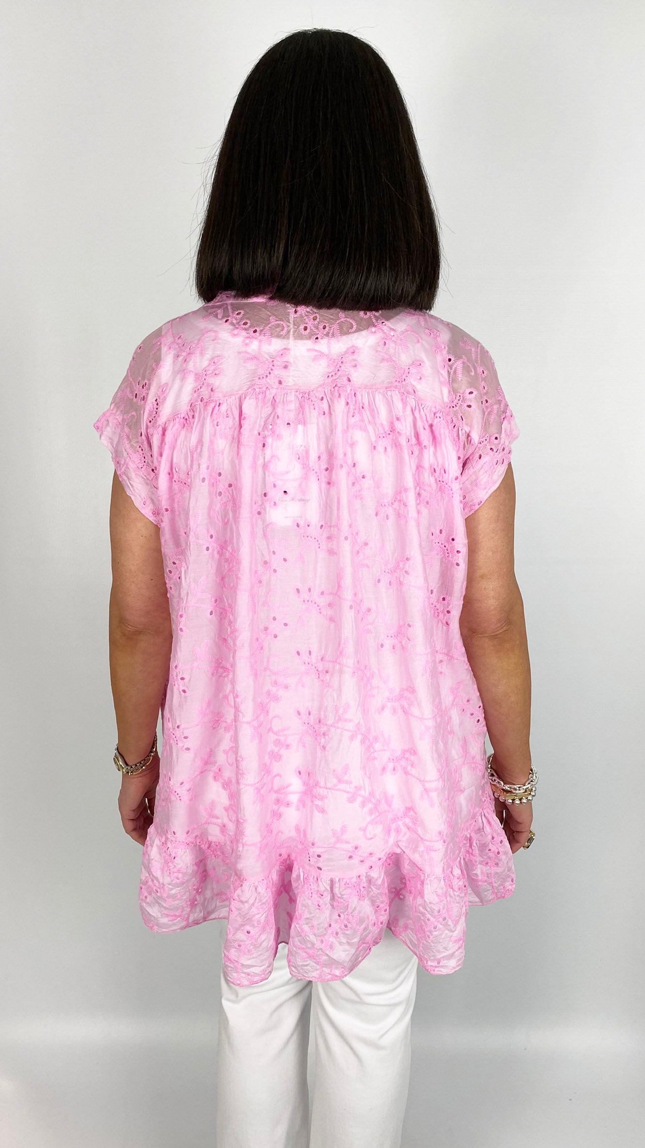 Broderie anglaise collar & button v-neck top | 5 Colours