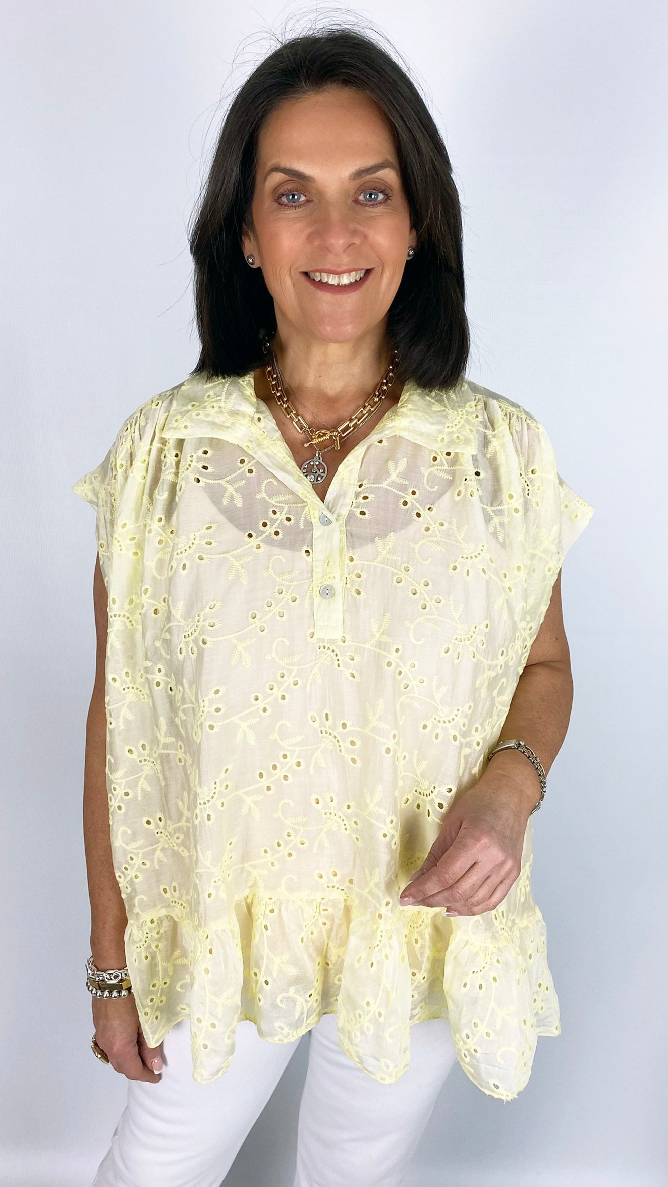 Broderie anglaise collar & button v-neck top | 5 Colours