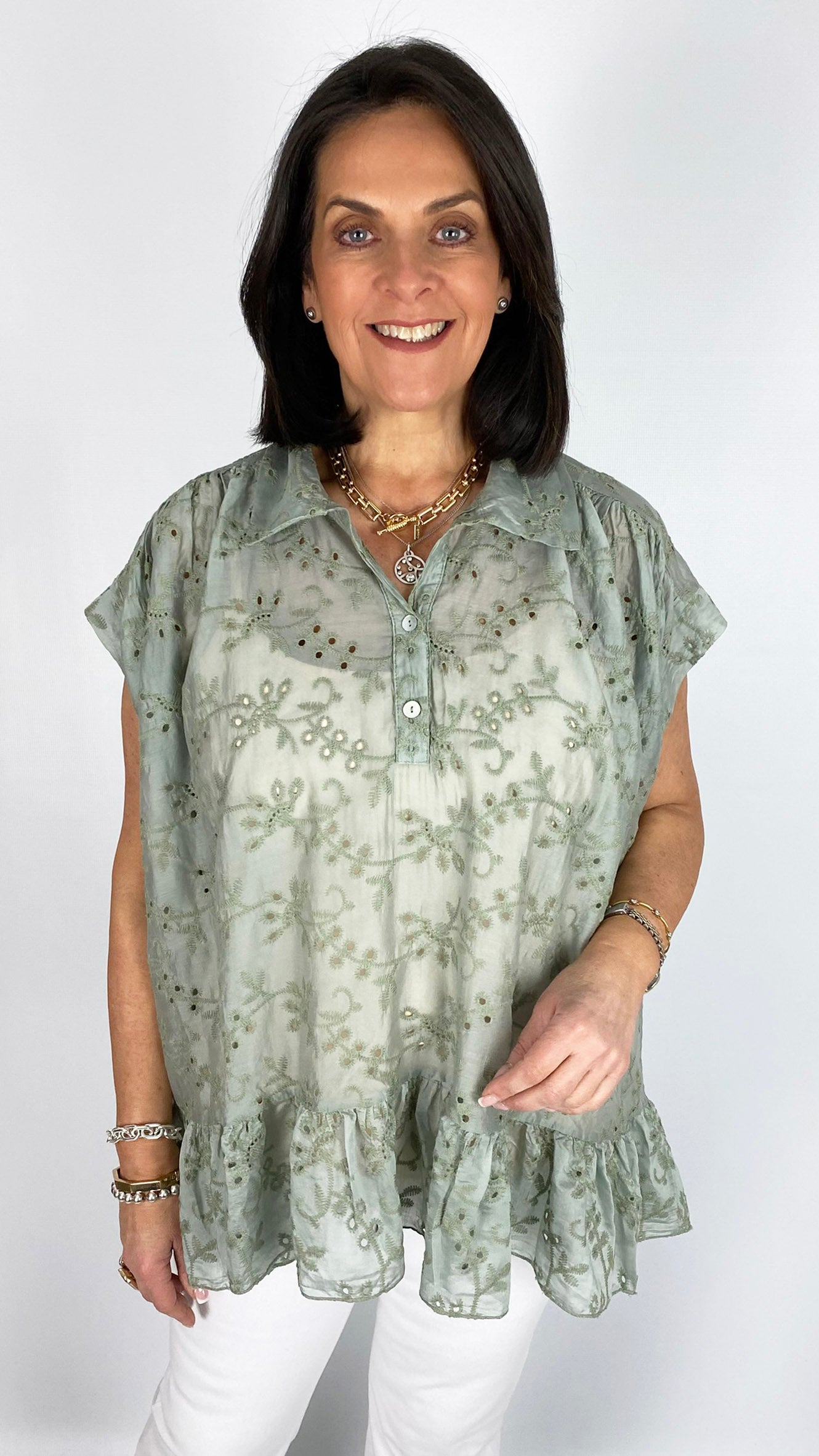 Broderie anglaise collar & button v-neck top | 5 Colours