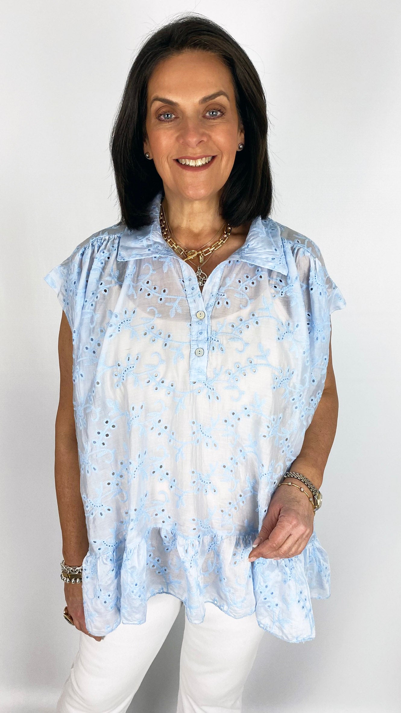 Broderie anglaise collar & button v-neck top | 5 Colours