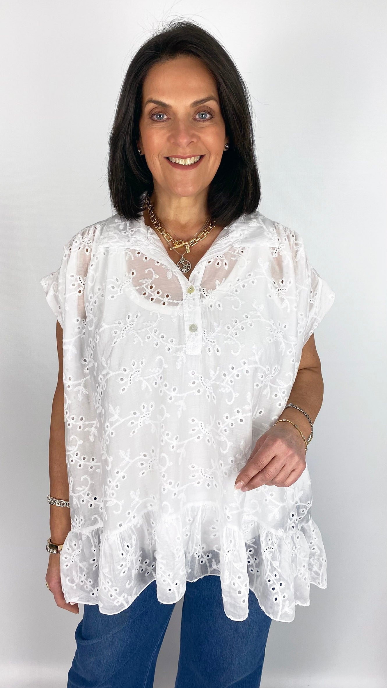 Broderie anglaise collar & button v-neck top | 5 Colours