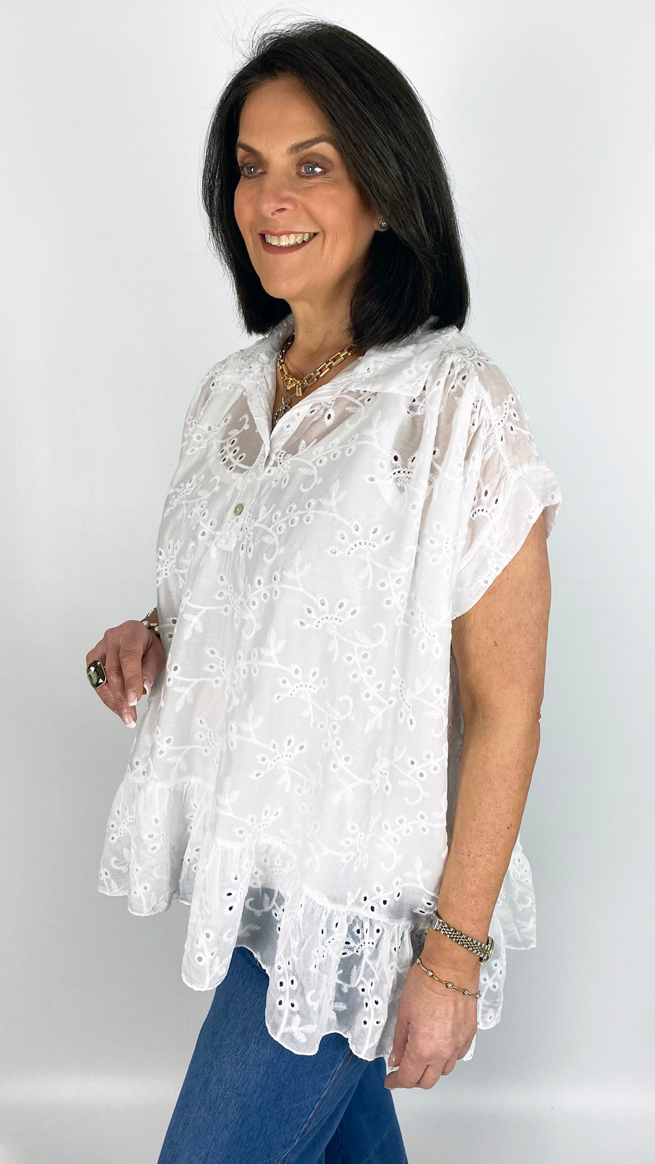 Broderie anglaise collar & button v-neck top | 5 Colours