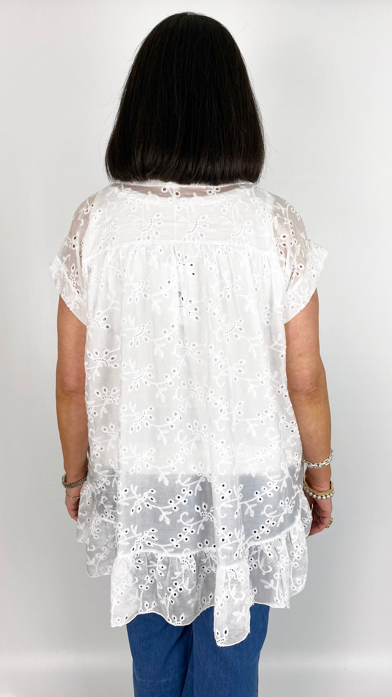 Broderie anglaise collar & button v-neck top | 5 Colours