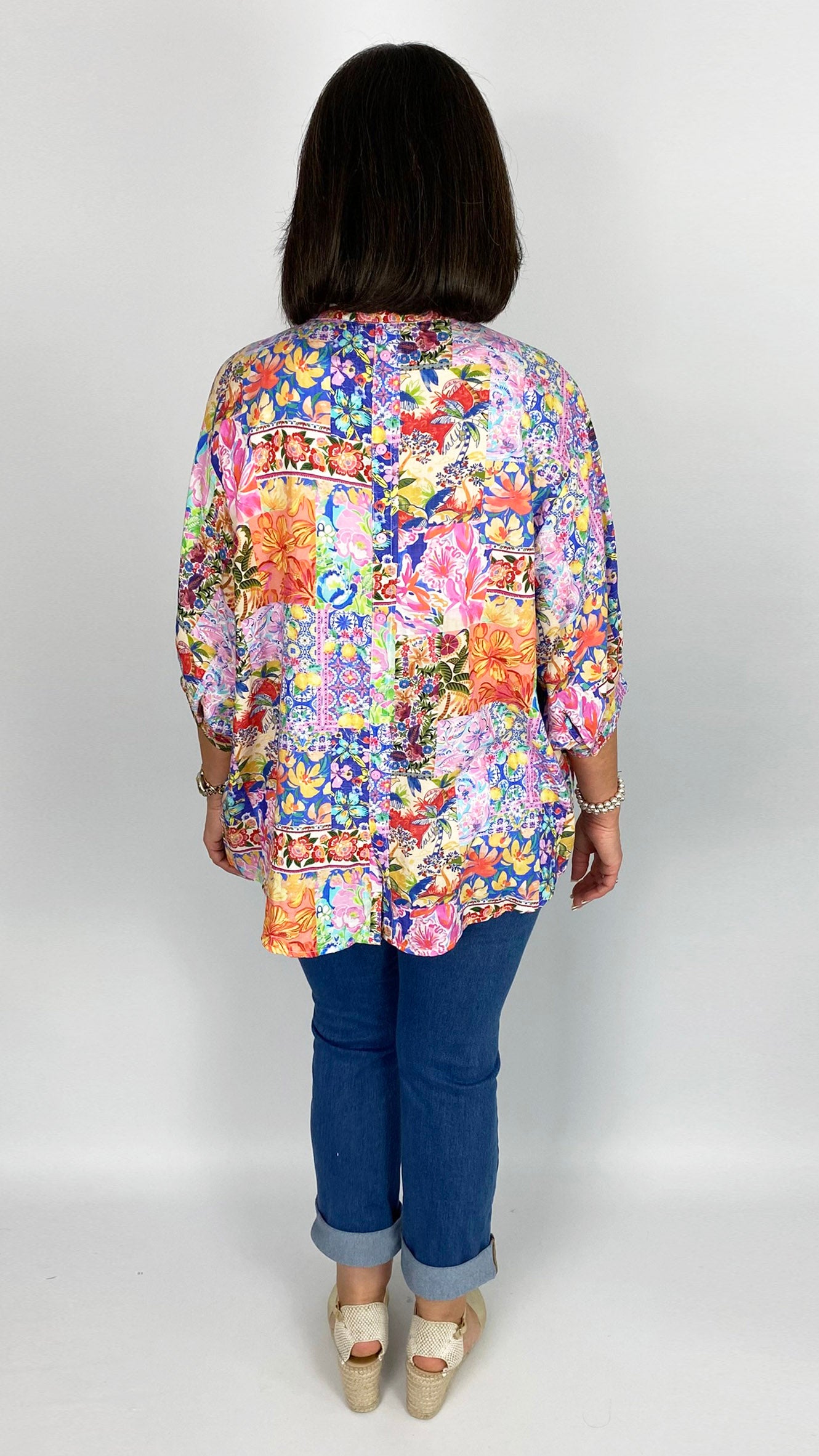 Oversized bright multi print button-through collarless shirt